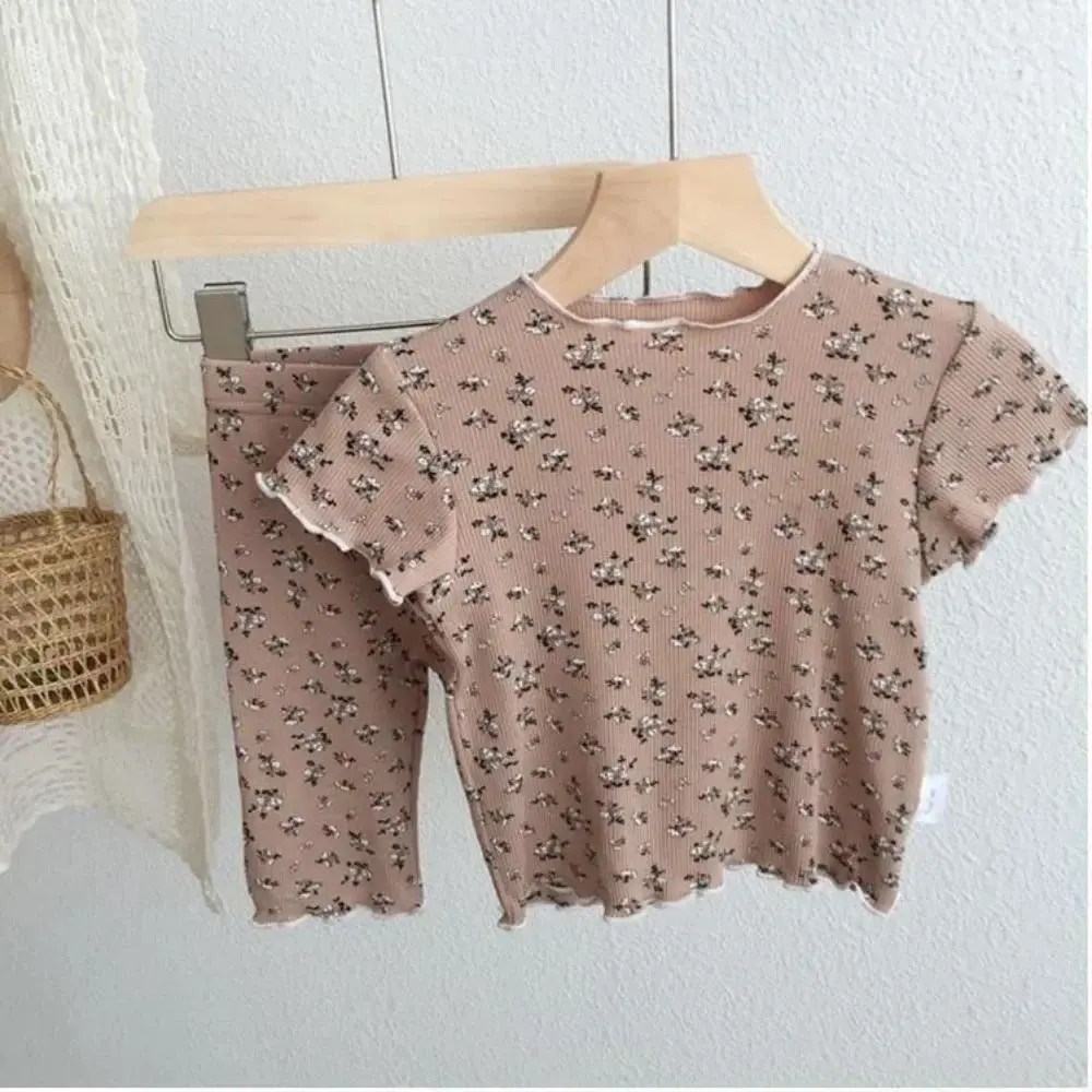 2026  Summer Fashion New Short Sleeve Round Neck Flower Printed T-shirt Top+Pants 2 Piece Set Kids Casual Home Clothes