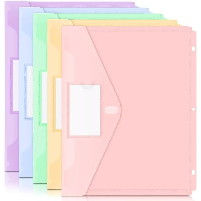 Binder Pocket, 5 Pack Super Heavyweight Plastic Binder Folders |   Tight Closure Binder Folders Side Loading, 3 Ring Binder Pocket, Binder Dividers with Pockets, Letter Size, Pastels Series