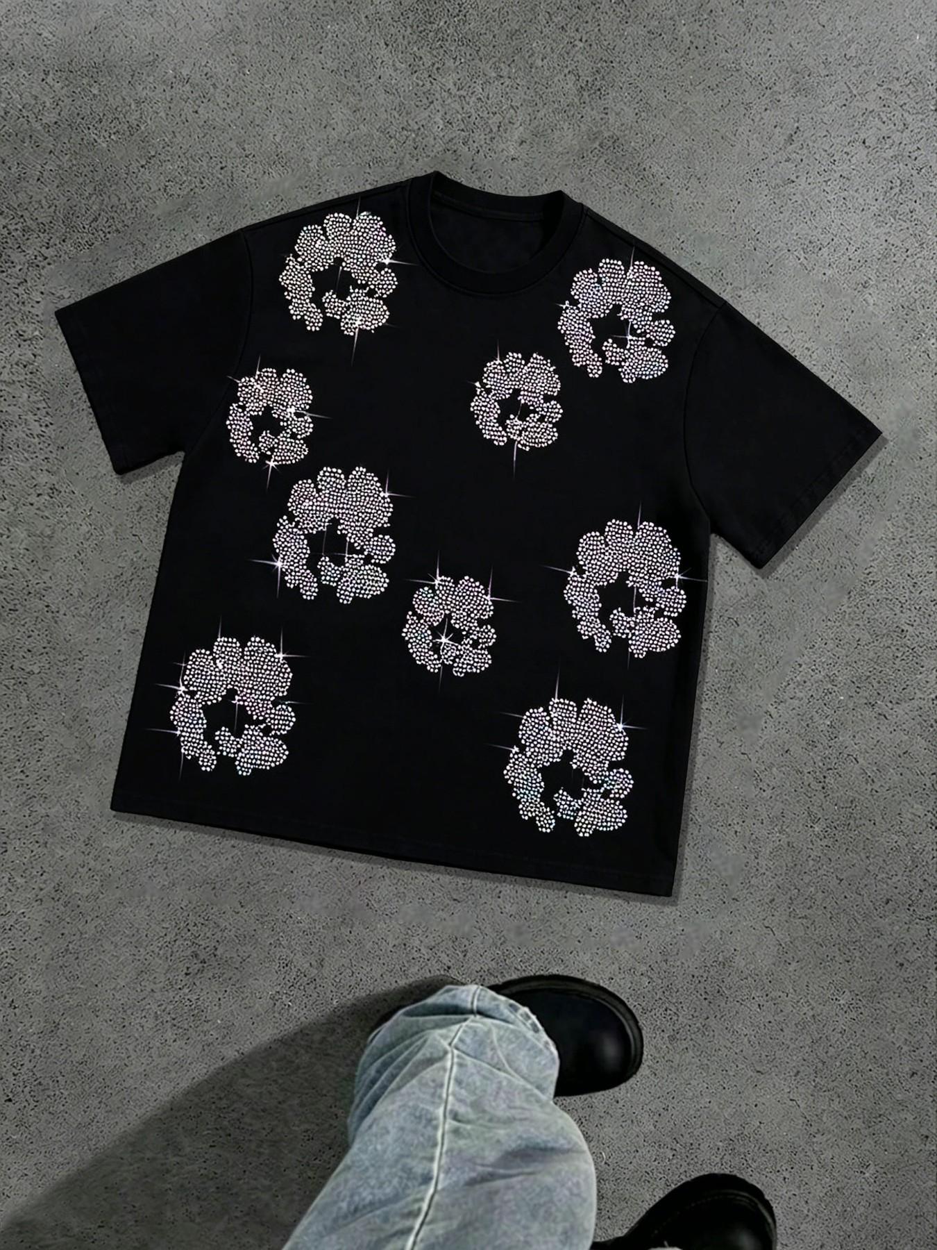 Viral Sparkle Rhinestone Flower Graphic Men Oversized T-Shirt, Black Hotfix Bling Aesthetic Streetwear Tee, Y2K Loose Casual Top, Hip Hop Night Club Party All Match Trendy OOTD #MensFashionTok #RhinestoneFit #StreetStyle #GrungeAesthetic