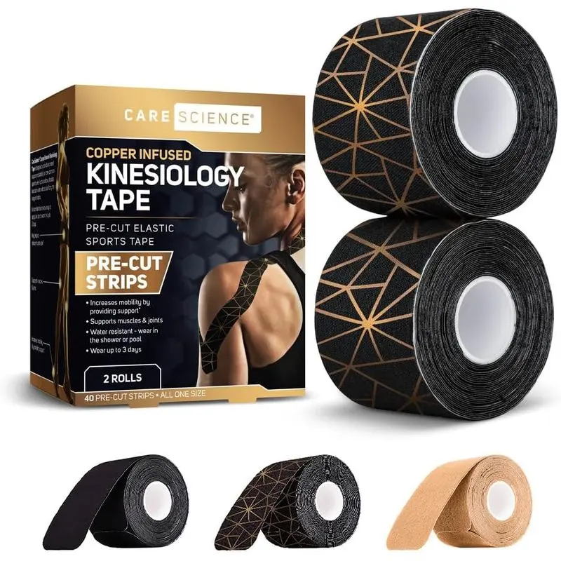 Outdoor sports Care Science Copper Infused Kinesiology Tape, 40 Precut Strips, 2 Rolls |   Elastic Sports & Weightlifting Tape Supports Muscles & Joints. Water Resistant.