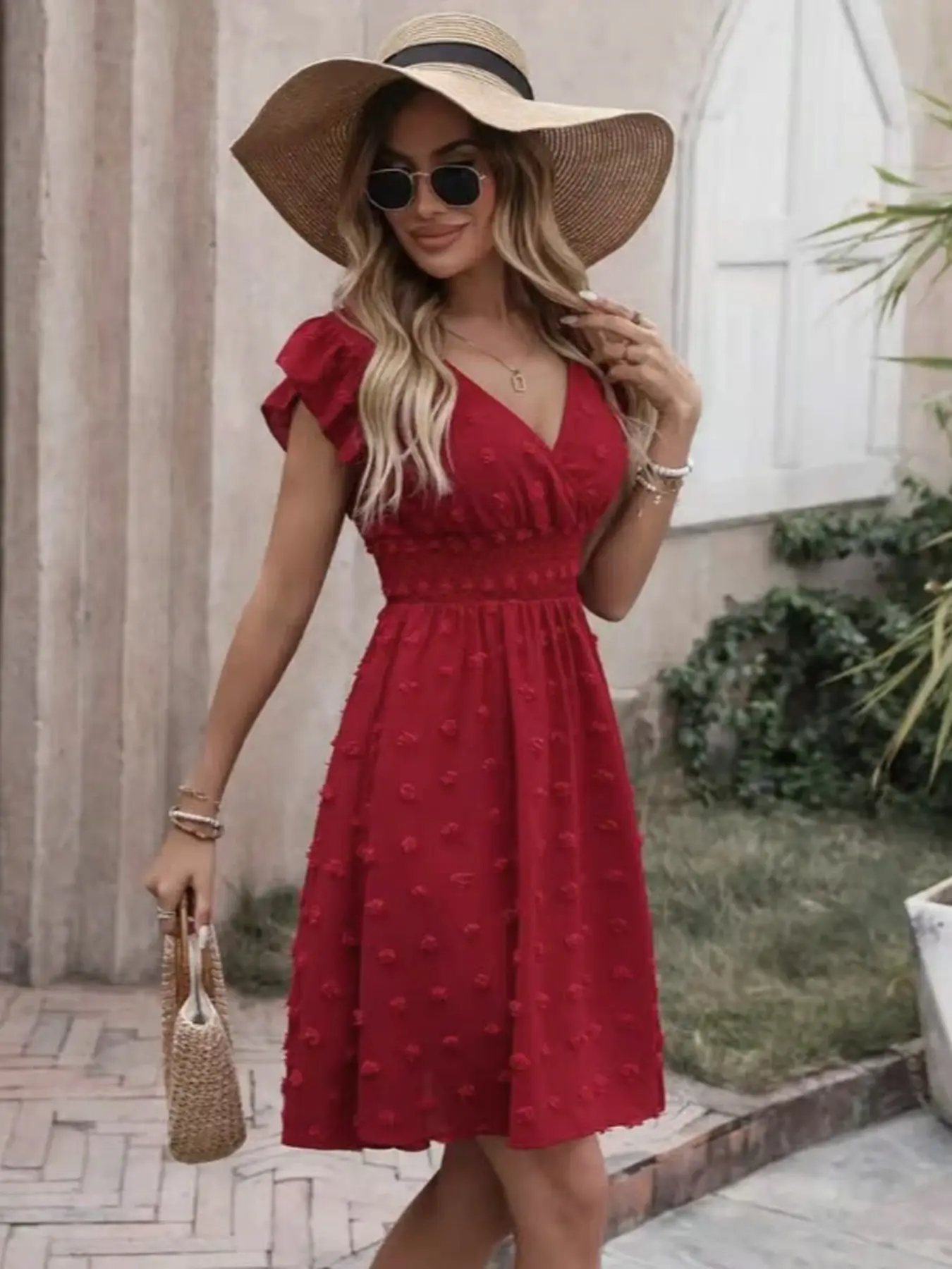 Elegant V-Neck Embroidered Beach Dress, Casual Boho Chic Summer Waist-Defined Design, Comfortable and Chic Vacation Outfit
