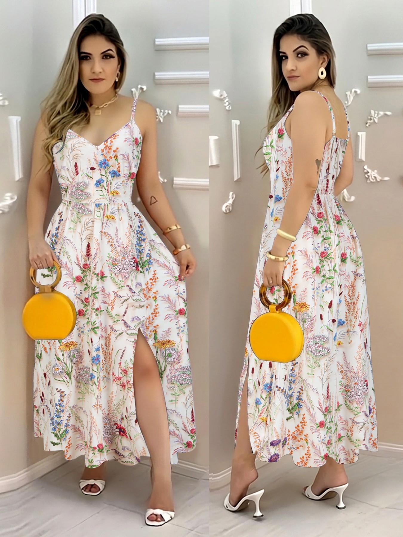 Boho V-Neck Print Dress for Women, Sleeveless Waist-Tied Split Design, Summer Fashion Long Dress, Elegance, Perfect for Parties and Vacations, Boho Style Dress