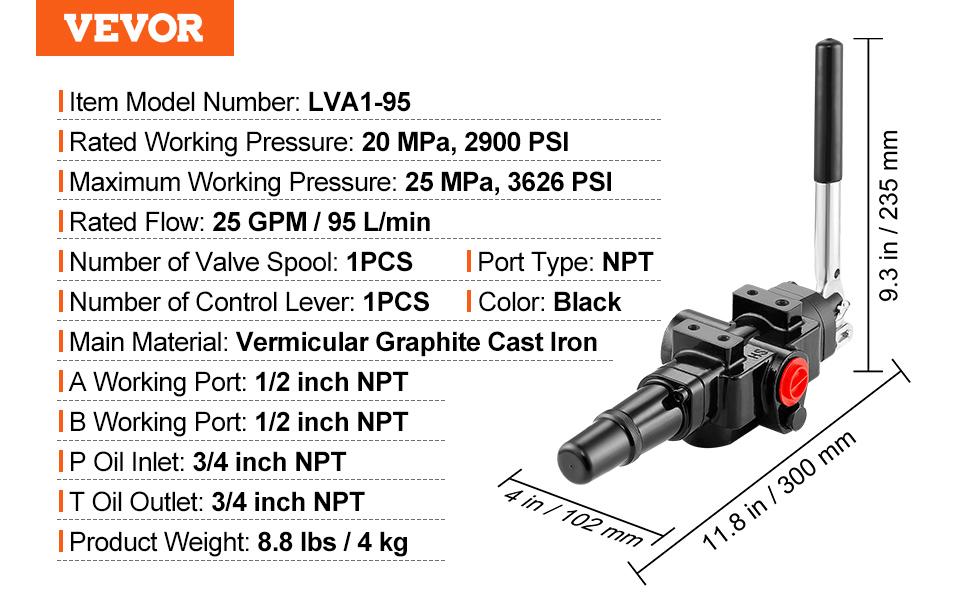 VEVOR Hydraulic Log Splitter Valve 1 Spool, 25 GPM Hydraulic Directional Control Valve, 3626PSI Hydraulic Loader Valve, Hydraulic Joystick Control Valve for Small Tractors, Loaders, Log Splitter