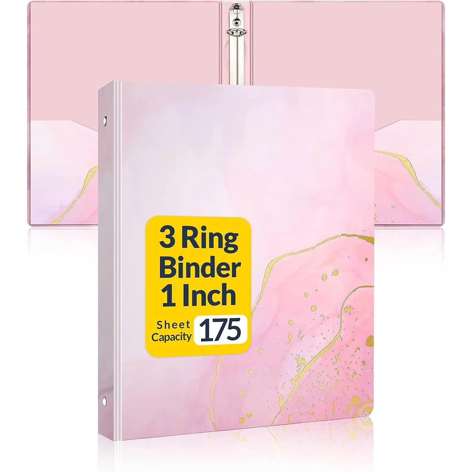1 Inch 3 Ring Binder, Pink Binder, Cute Binder with 2 Pockets, Heavy Duty Letter Size Organizer for School and Office Supplies (8.5 x 11 Inches), Pink Marble Design