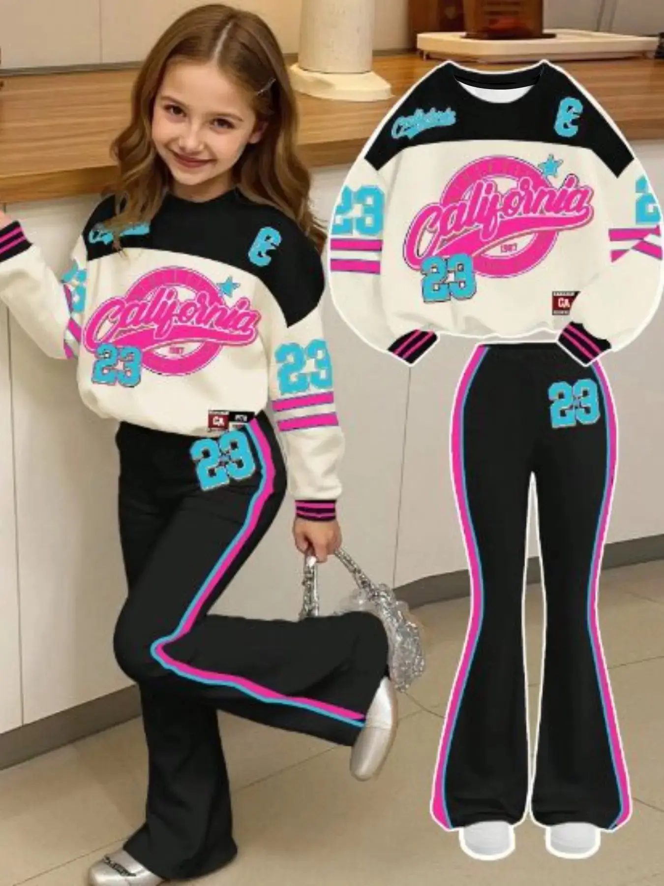 Spring Summer New Arrival Girls' Round Neck Digital Letter Graphic Sweater and Patterned Pants Set, Boho Style Music Festival, Graphic Print Set