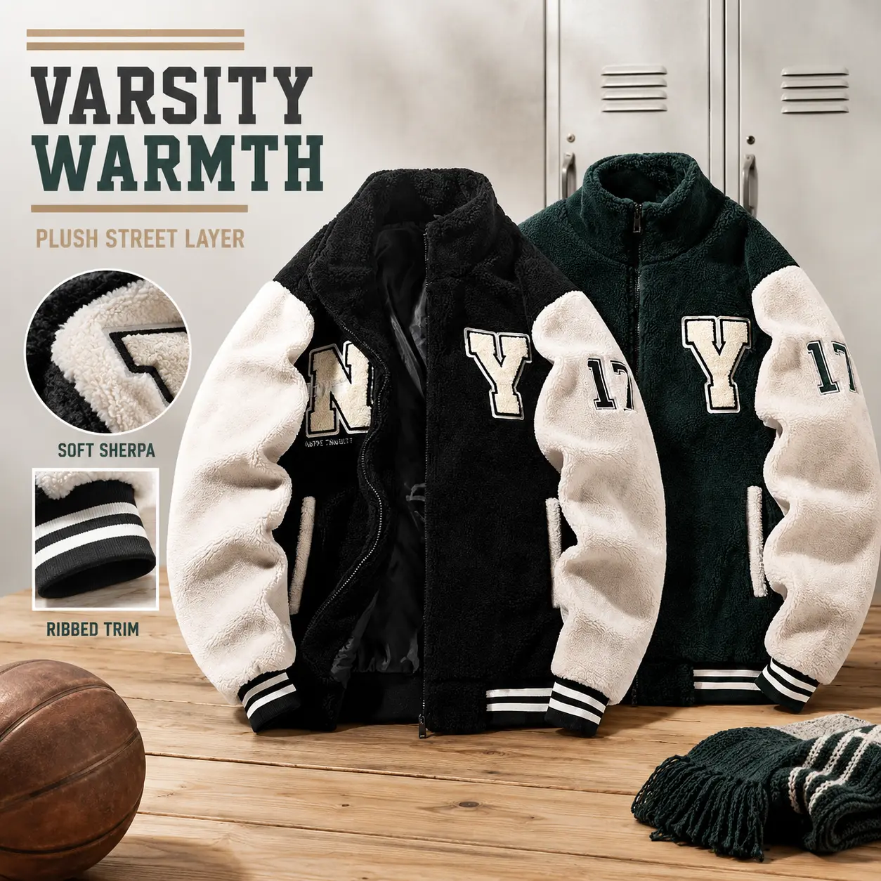 Men's Sherpa Fleece Varsity Jacket NY Letter Patch Zip-Up Color Block Winter Coat