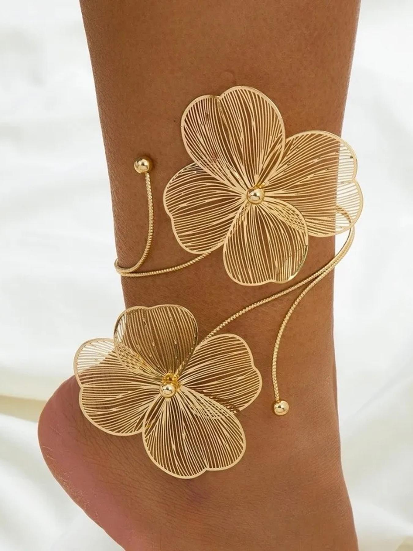 Gold Openwork Floral Bracelet — Women's Upper Arm Cuff | Personalized, Stylish Accessory & Gift for Festivals and Parties | Gold Bohemian-Style Jewelry