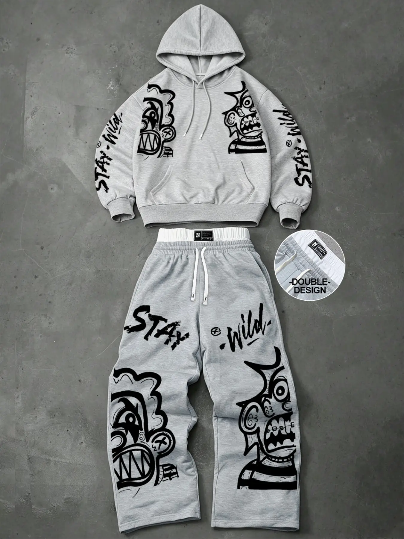 Unisex Graphic Hoodie and Sweatpants Two-Piece Set | Loose Wide-Leg Cartoon Print Track Pants | Double-Layer Waistband Trousers + Hooded Sweatshirt Set | Casual Skate Streetwear Outfit