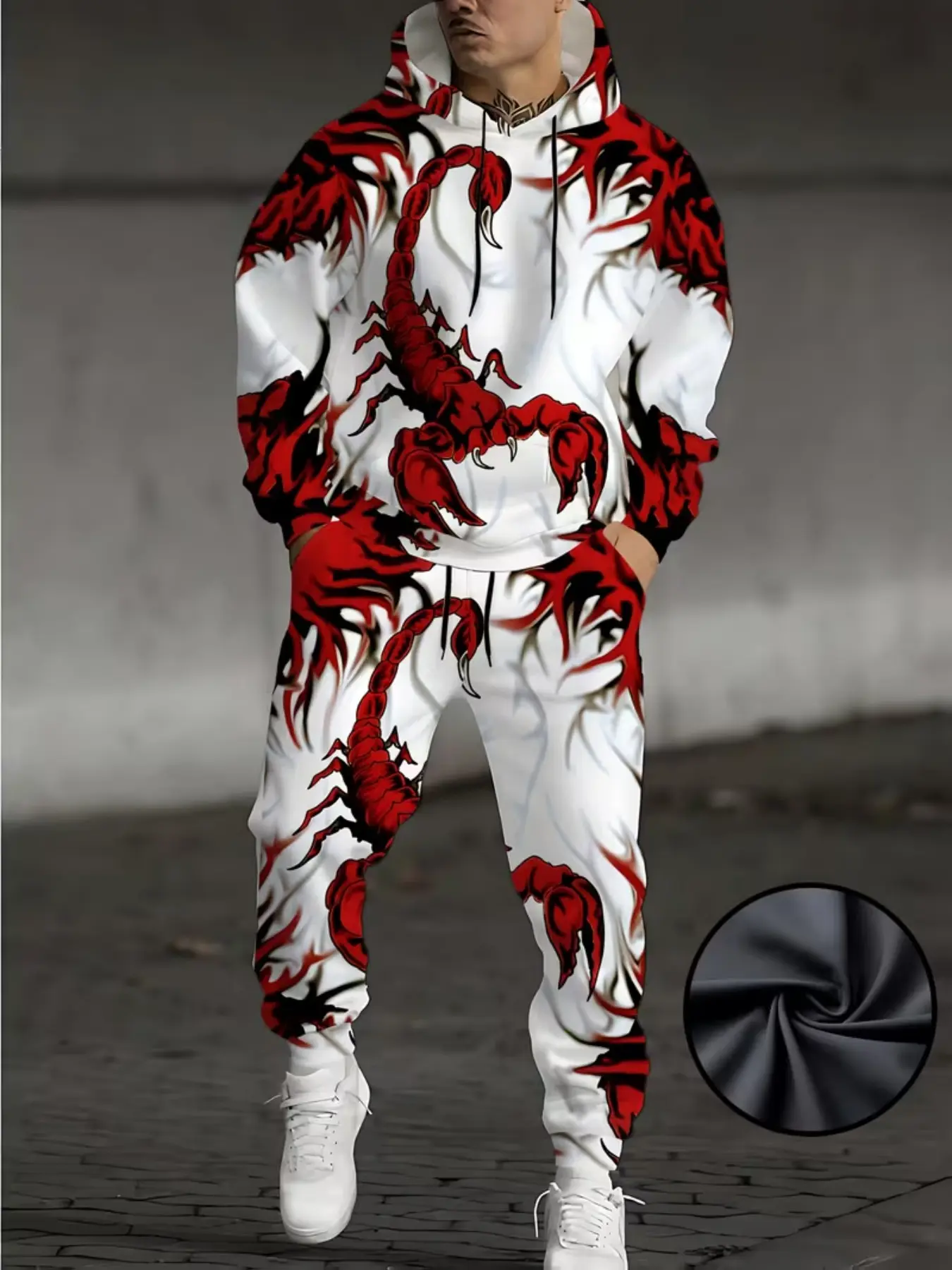 Men's Casual Sporty 3D Animal Scorpion Print, Street Style Hoodie and Pants Set, Perfect for Daily Wear, Spring & Fall