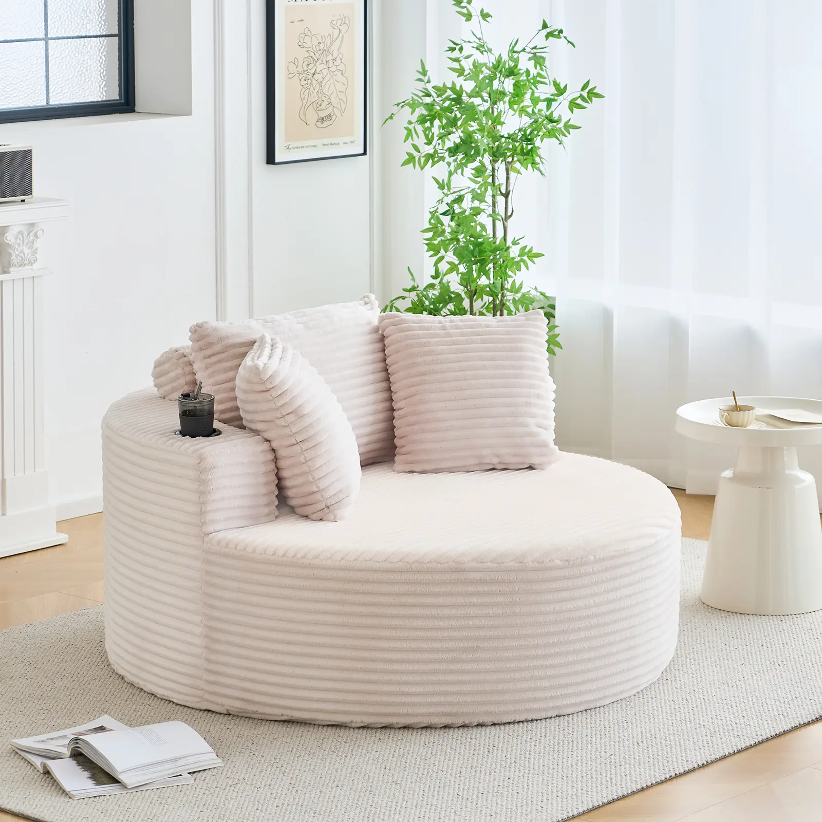 Garvee Oversized 55" Corduroy Round Chaise Lounge Chair - Deep Seat Circle Sofa with Cup Holders - Cozy Comfy Sleeper for Living Room or Bedroom - No Assembly Needed, Lounge Sofa, Sleeper Chair, Living Room Furniture, Soft Chair, Round Sofa, Circle Chair