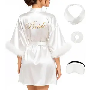 Bride Robe for Wedding Day Bridal Robes Feather Sleeve Satin Kimono Robes Bachelor Party Getting Ready Outfits