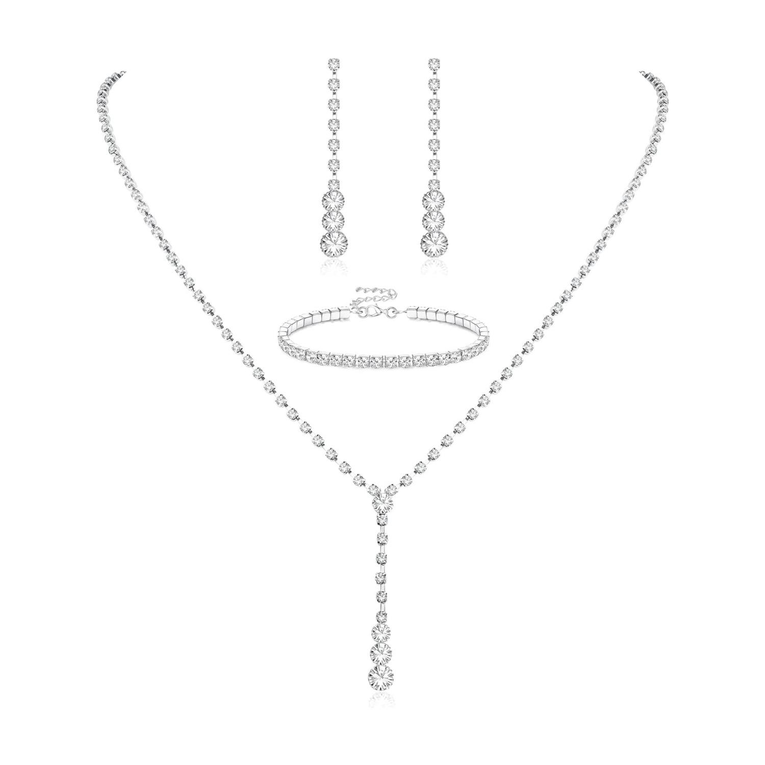 One Set Silver Bridal Jewelry Set Rhinestone Necklace Bracelet Dangle Earrings for Bride Bridesmaid Teardrop Pendant Crystal Wedding Prom Jewelry Accessories for Women