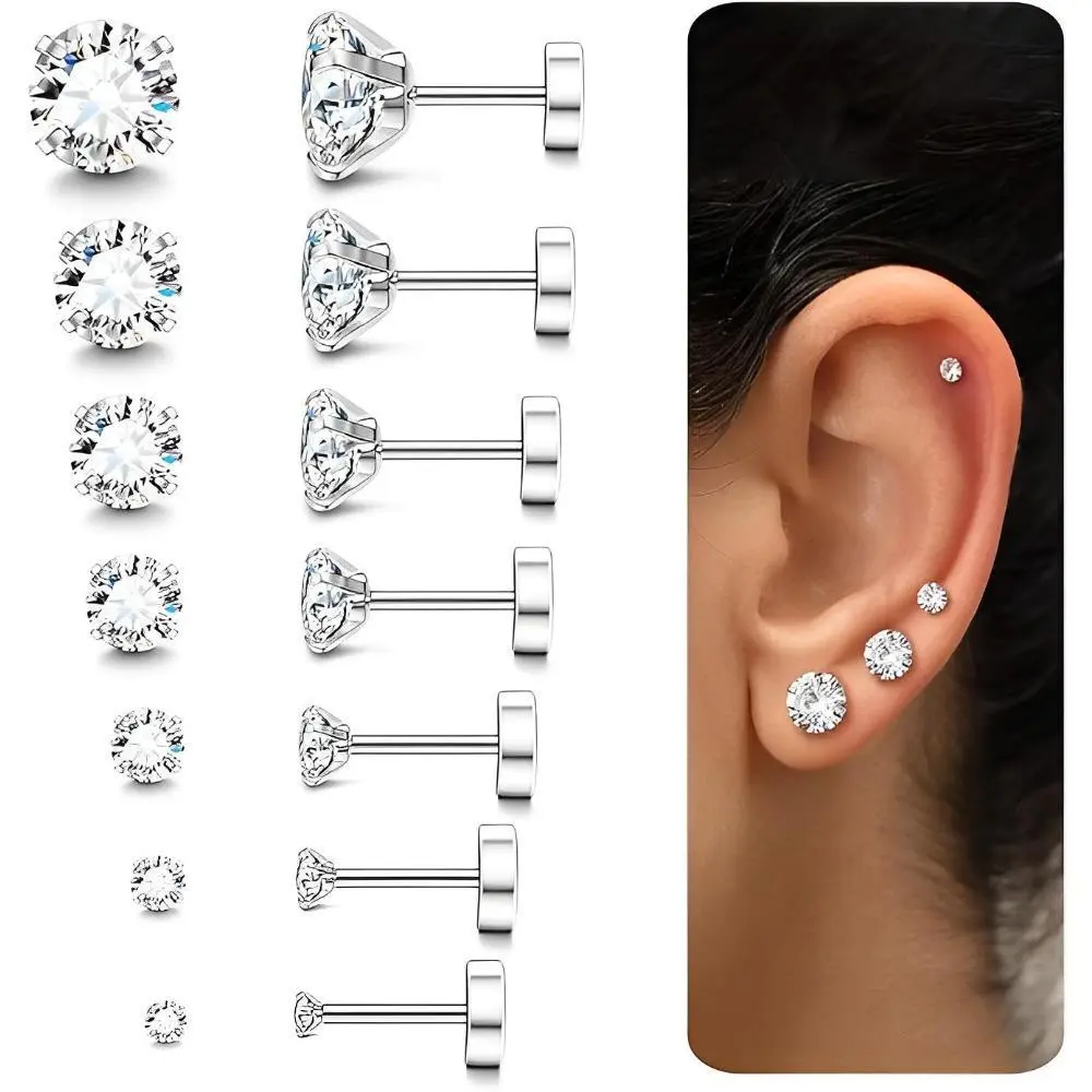 Fansilver 7-Pair Round Flat Back Stud Earring Jewelry - Hypoallergenic 316L Stainless Steel, Lab Created Cubic Zirconia, 2-8mm, Unisex Fit, Non Tarnish Jewelry, Bling Ear Stacks for Sensitive Ears, Daily Wear Summer Gift Fashion Accessories Blackfriday