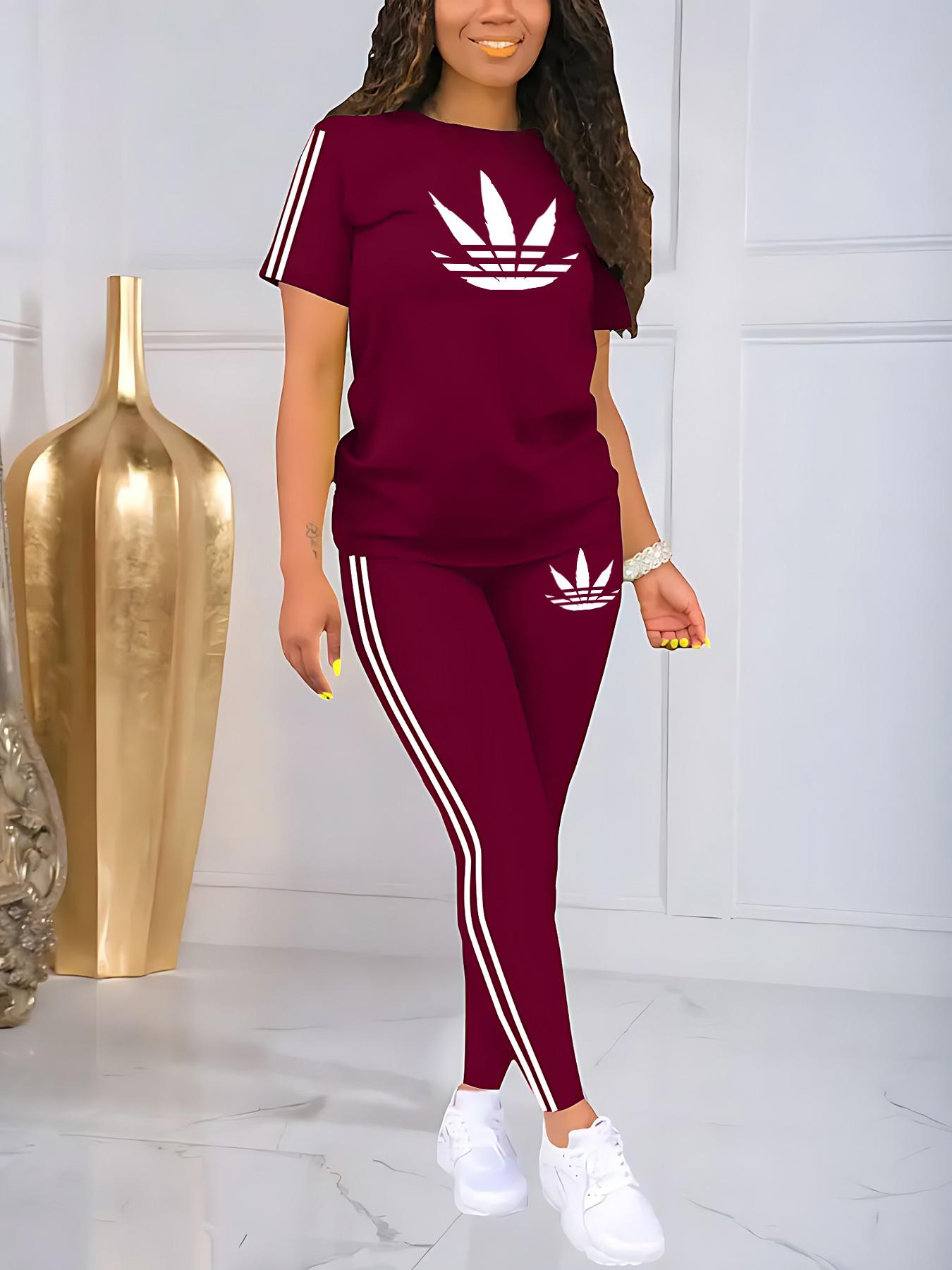 Women's Printed Casual Sporty Round Neck Drawstring Short Sleeve and Long Pants Two-Piece Set, Fitted Letter Pattern, Summer, Athleisure Wear Set