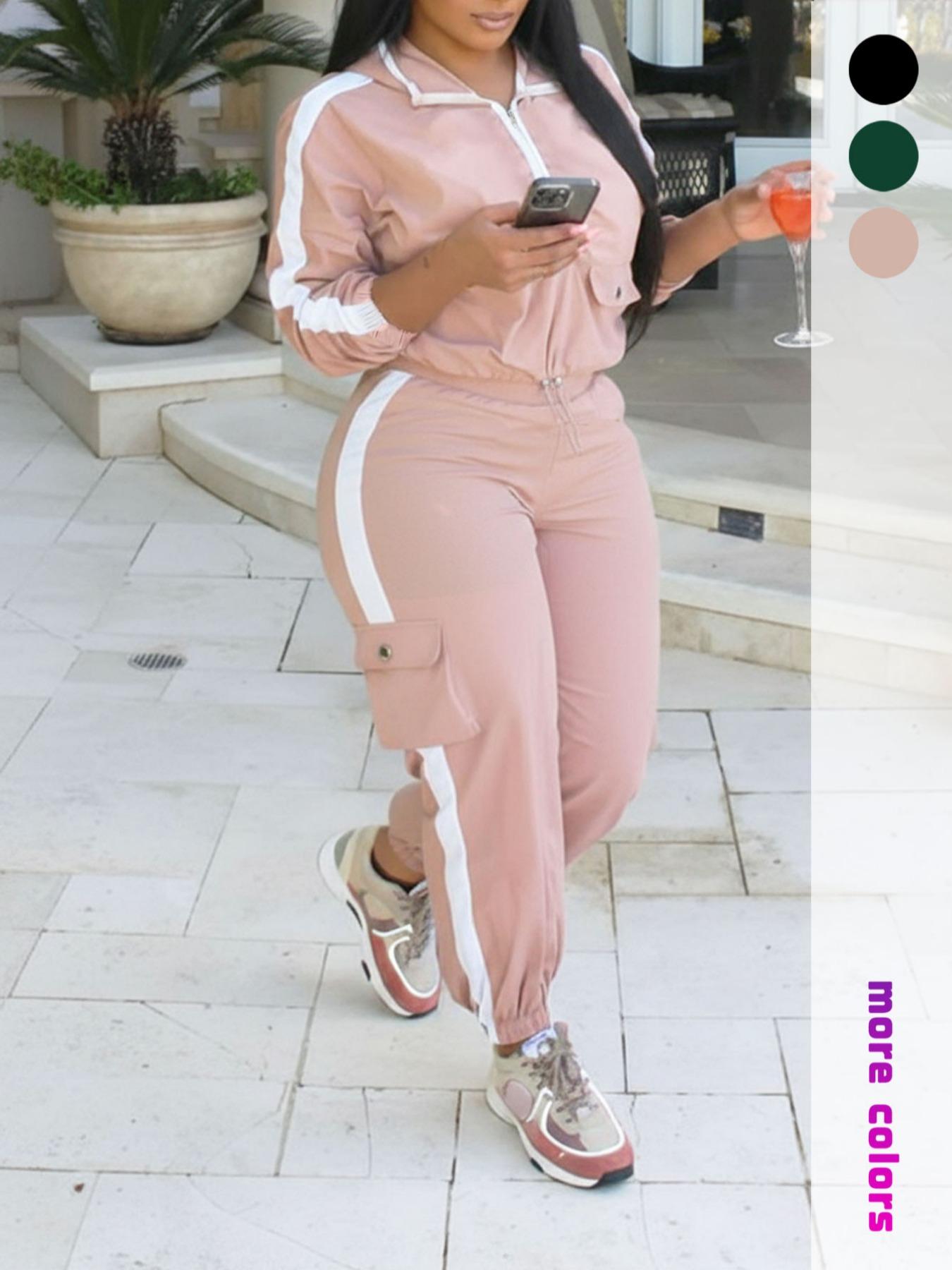 Women's Two-Piece Workwear Sport Set, Long Sleeve Zipper Windbreaker Jacket, High Waist Multi-Pocket Cargo Pants, Colorblock Design, Athletic Activewear Tracksuits, Athleisure Wear Set