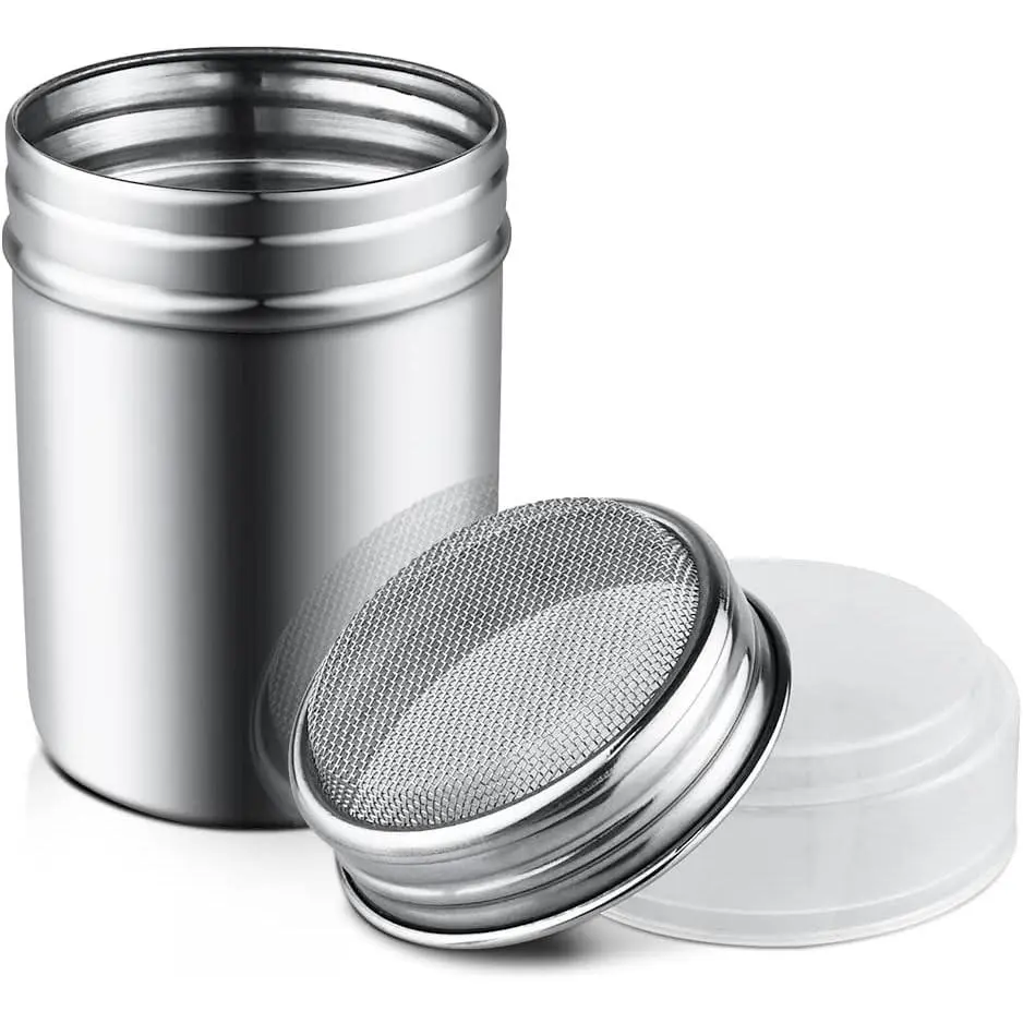 Stainless Steel Powder Dispenser with Lid, Fine Mesh Cover & Smooth Plastic Jar, 1Pcs Kitchen Container for Seasoning, Baking Soda