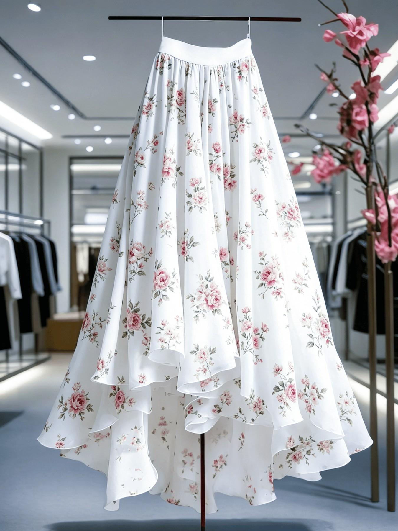 Elegant New Women's Midi Skirt, Lace Mesh Floral Print Skirt, Flowy Skirt, Loose Skirt, Vacation Casual Office Skirt, Four-Season Wear, Clothes, Elegance