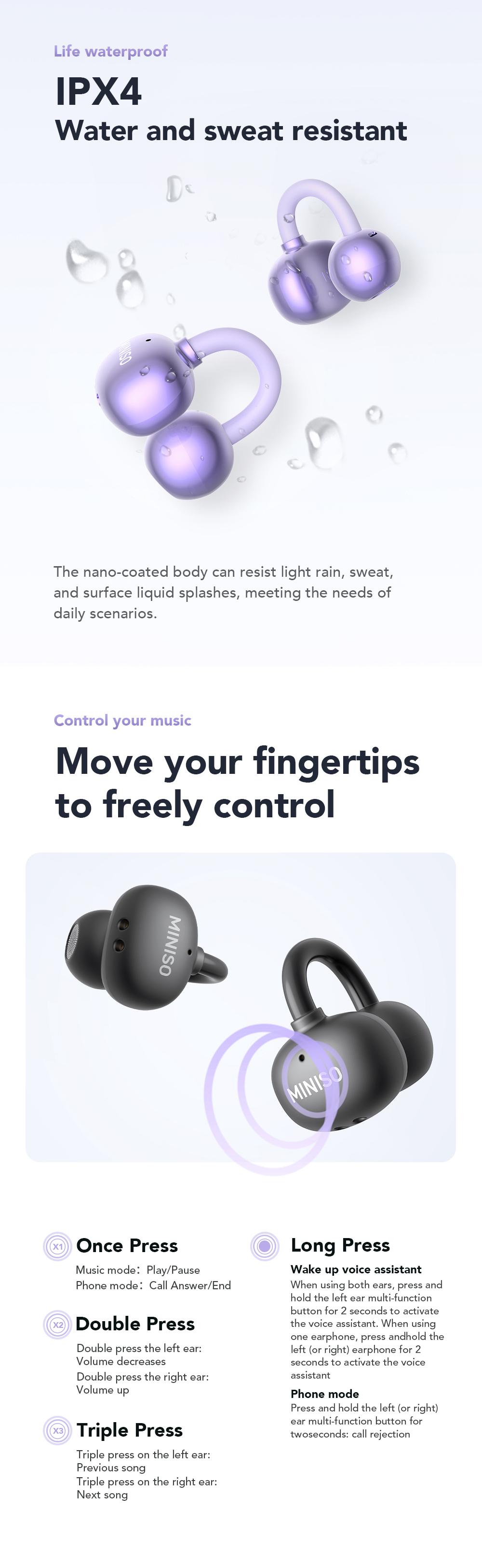 MINISO MS199 Clip On Ear Headphones Full Color Touch Screen, Audio Wireless Headphones Built-in Microphone for Music & Phone Calls,Sport Waterproof & Sweatproof