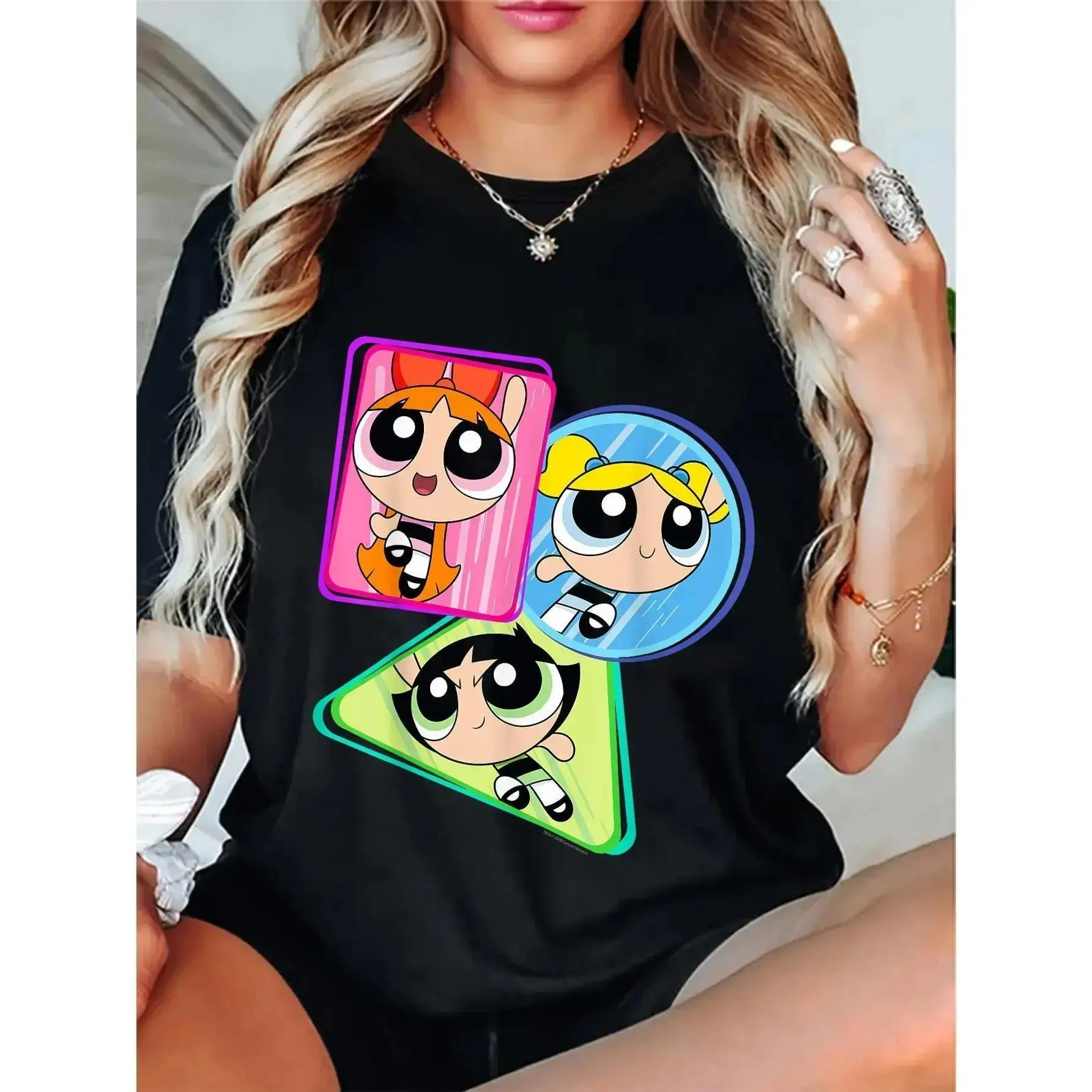 Men's 100% Cotton The Powerpuff Girls Trio Action Shot Casual T-Shirt, Breathable Fabric, All-Season Tops