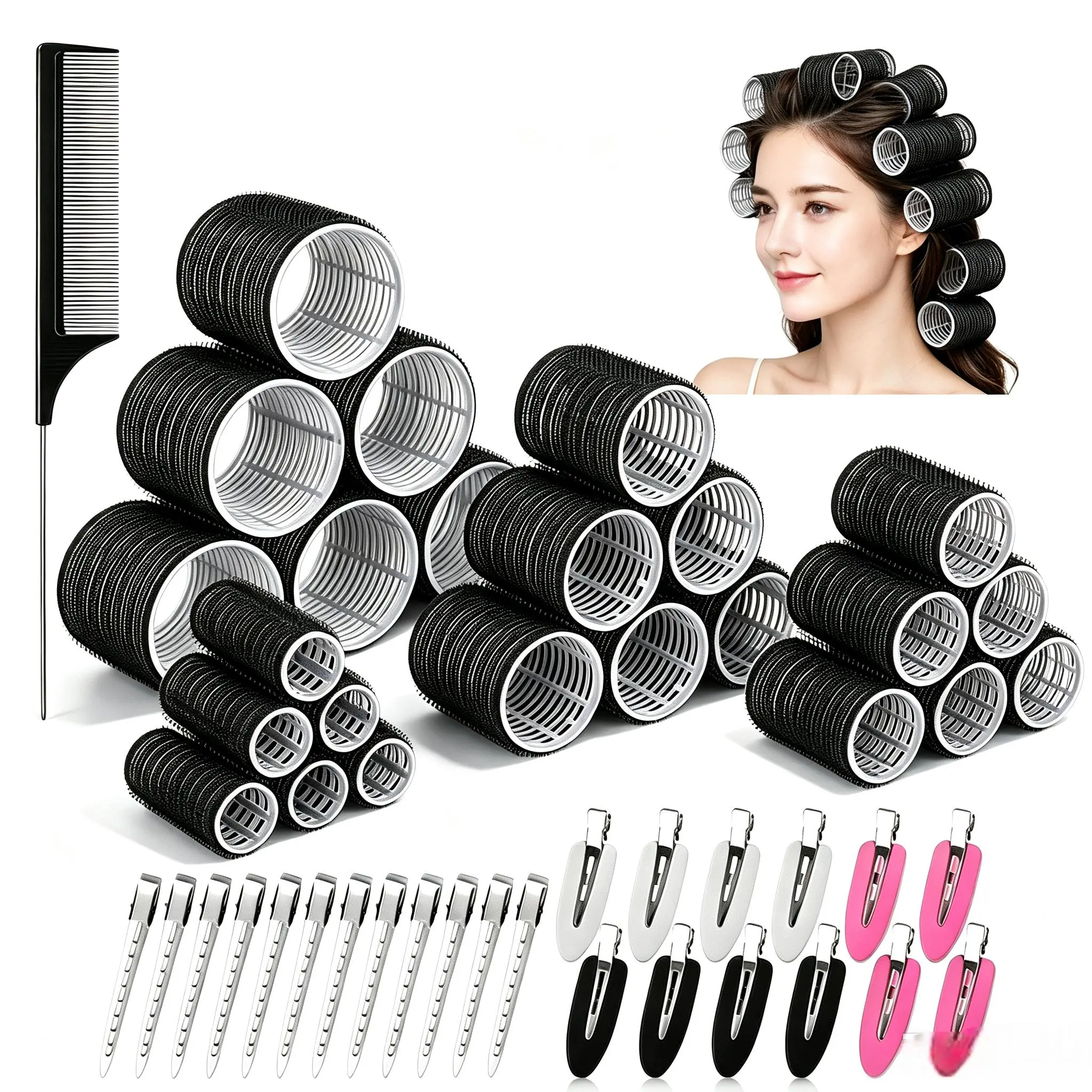 Hair Curlers Set with 24 Rollers (6 Jumbo, 6 Large, 6 Medium, 6 Small) and 24 Clips for All Hair Lengths (Black)