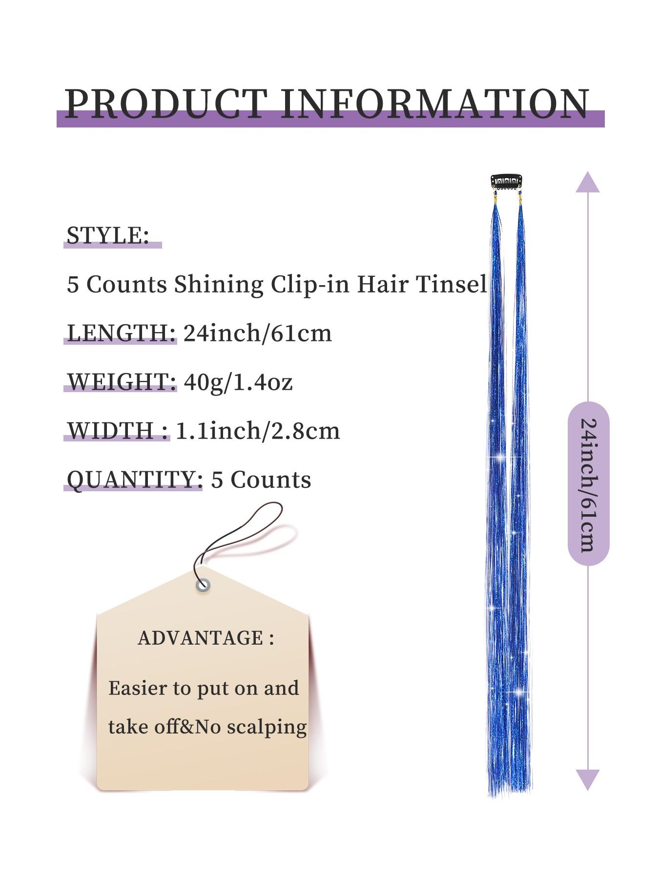 5pcs 24-Inch Royal Blue Flashy Clip-In Synthetic Hair Extensions, Bright Laser Fiber Design, Rainbow Color, Easy Wear, Perfect for Parties and Music Festivals