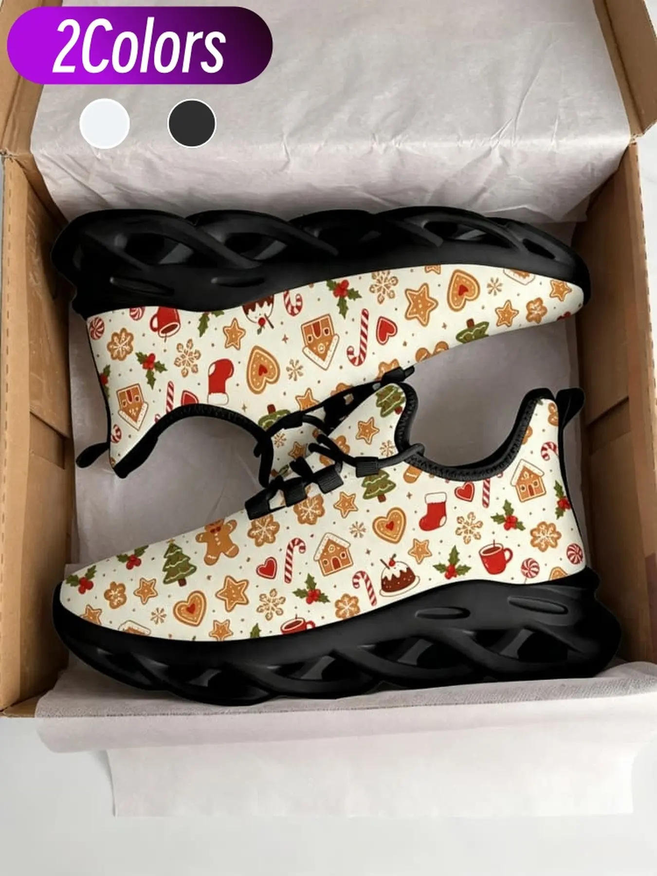 1 Pair Unisex Men Women Christmas Gingerbread Casual Sneakers Holiday All Over Print Trendy Style Breathable Mesh Soft Elastic Thick Non Slip Sole Suitable For Christmas Trips Daily Outfits