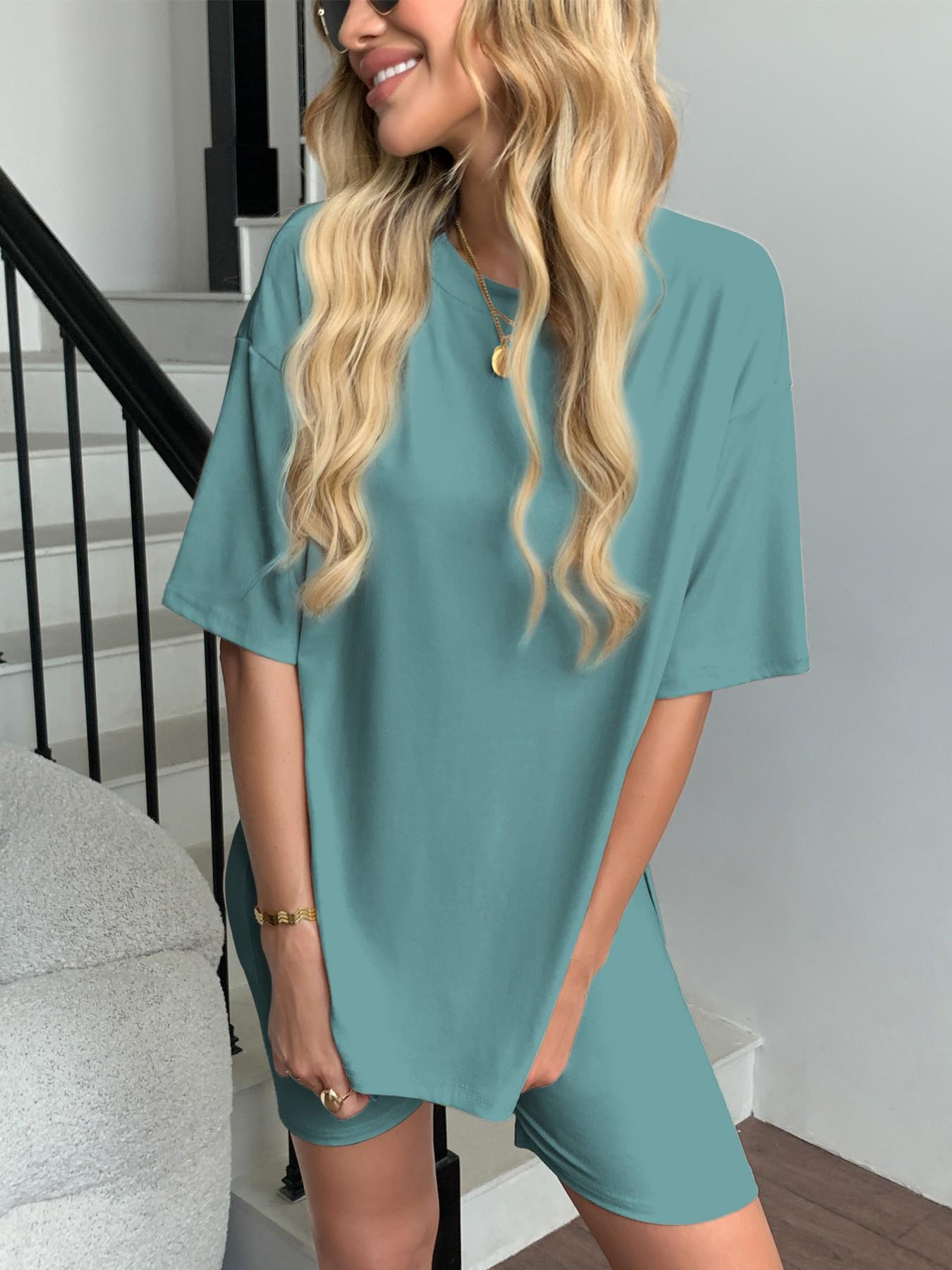 Women's Two Piece Lounge Set Matching, 2026 Summer Casual Basic Oversized Shirts & Biker Shorts, Fitted Plain Design, Perfect for Airport Travel Womenswear Clothes
