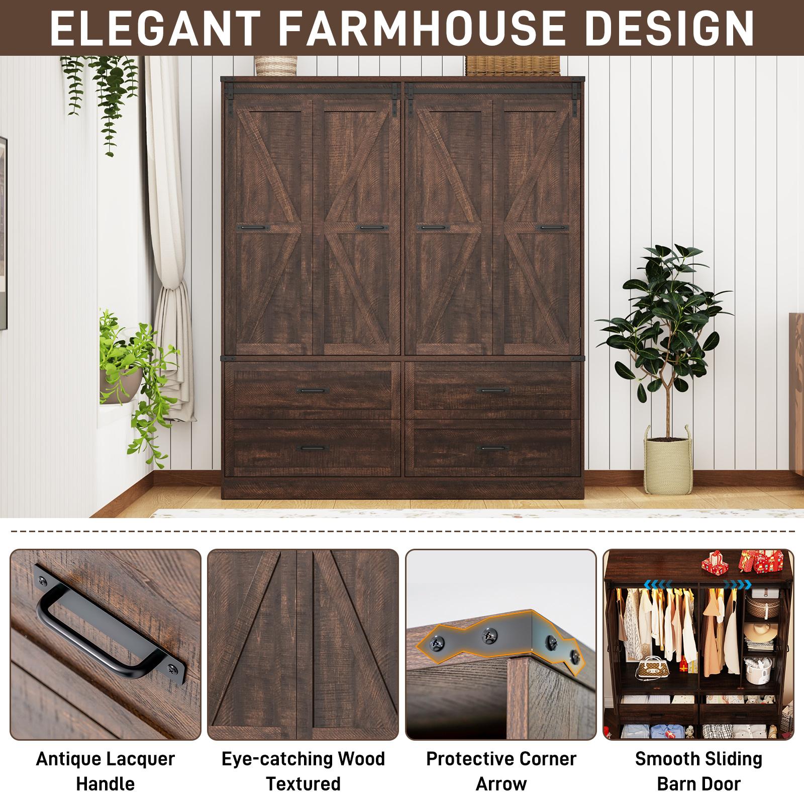 Farmhouse 6 Doors/4 Doors/3 Doors Armoire Wardrobe Closet w/Folding Sliding Barn Door and Lights, LED Armoire Closet w/Drawers for Bedroom, Freestanding Wooden Wardrobe Storage Closets w/Hanging Rod (Antique White/Rustic Brown/Black) Farmhouse 6 Doors/4 Doors/3 Doors Armoire Wardrobe Closet w/Folding Sliding Barn Door and Lights, LED Armoire Closet w/Drawers for Bedroom, Freestanding Wooden Wardrobe Storage Closets w/Hanging Rod (Antique White/Rustic Brown/Black)