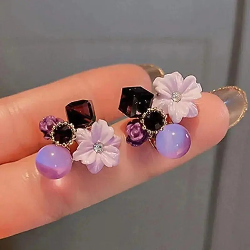 Purple Crystal Flower Stud Earrings for Woman Lilac Earrings Korean Fashion Wedding Party Jewelry Girl Elegance Set Accessories