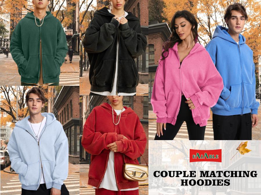 FAIABLE Men´s Hoodies Unisex Oversized Zip-Up Hoodie for Women Plain Acid Wash Long Sleeve Pullover Basic Minimalist Tops Heavyweight Fleeced Cotton Zipper Hoodie Vintage Casual Menswear Sweatshirts