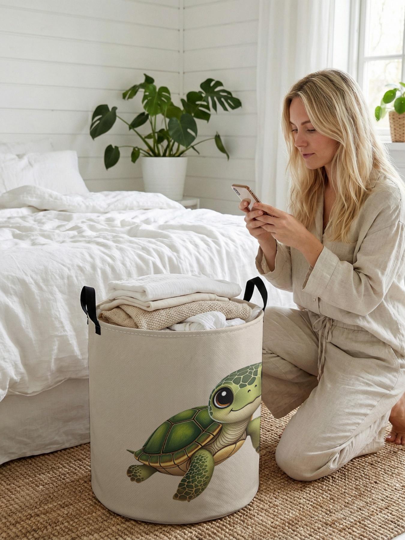 1 piece of cute turtle pattern 2D printed open storage box, double handle reinforcement + foldable storage | dirty laundry storage/toy organization/home decoration all-in-one