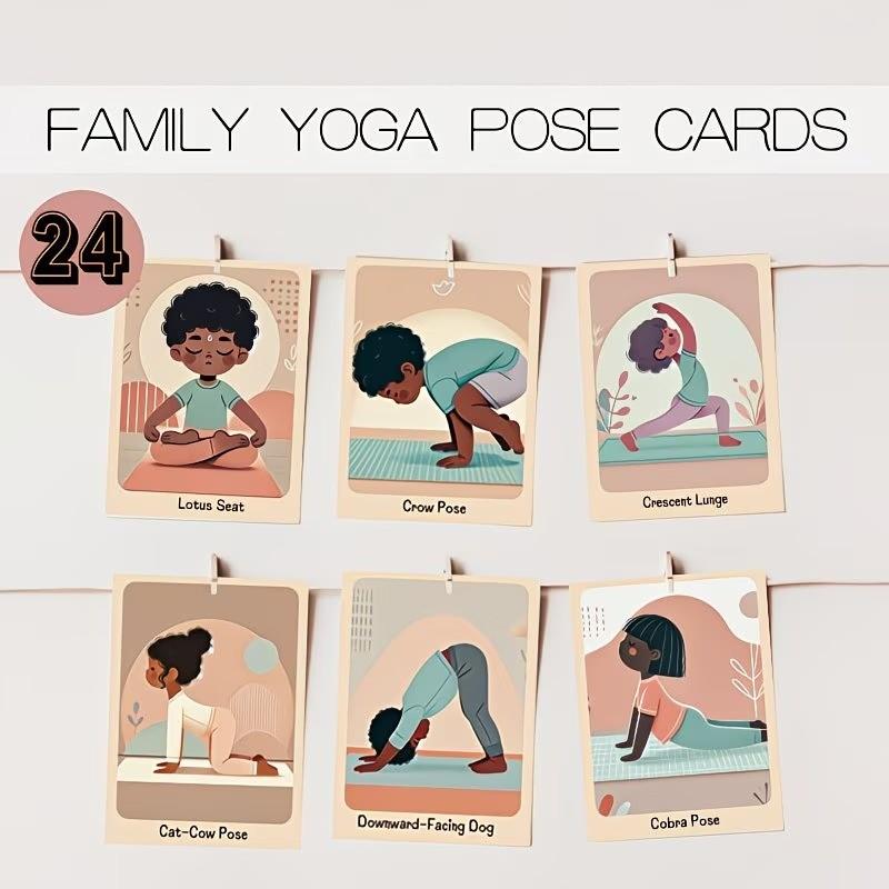 24 Yoga Pose Cards, Fun Cartoon Yoga Flashcards, Rounded Corners, Colorful Print, Ideal for Yoga Classes, Home Education, School