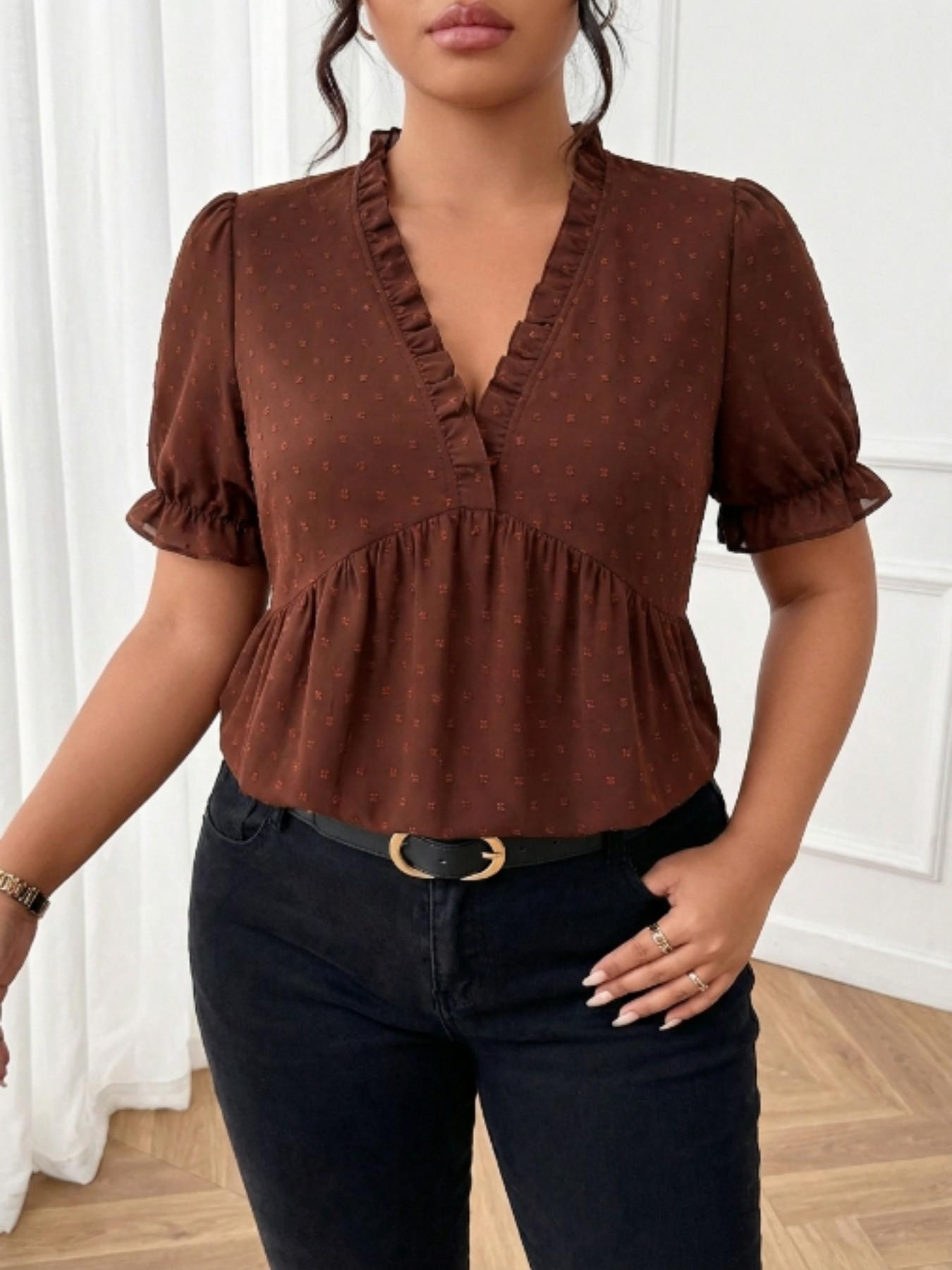Plus Size Women's V Neck Ruffle Babydoll Shirt, Loose Fit Summer Blouse, Fashionable Comfortable Design, Ideal for Daily Wear, Perfect for Casual Occasions