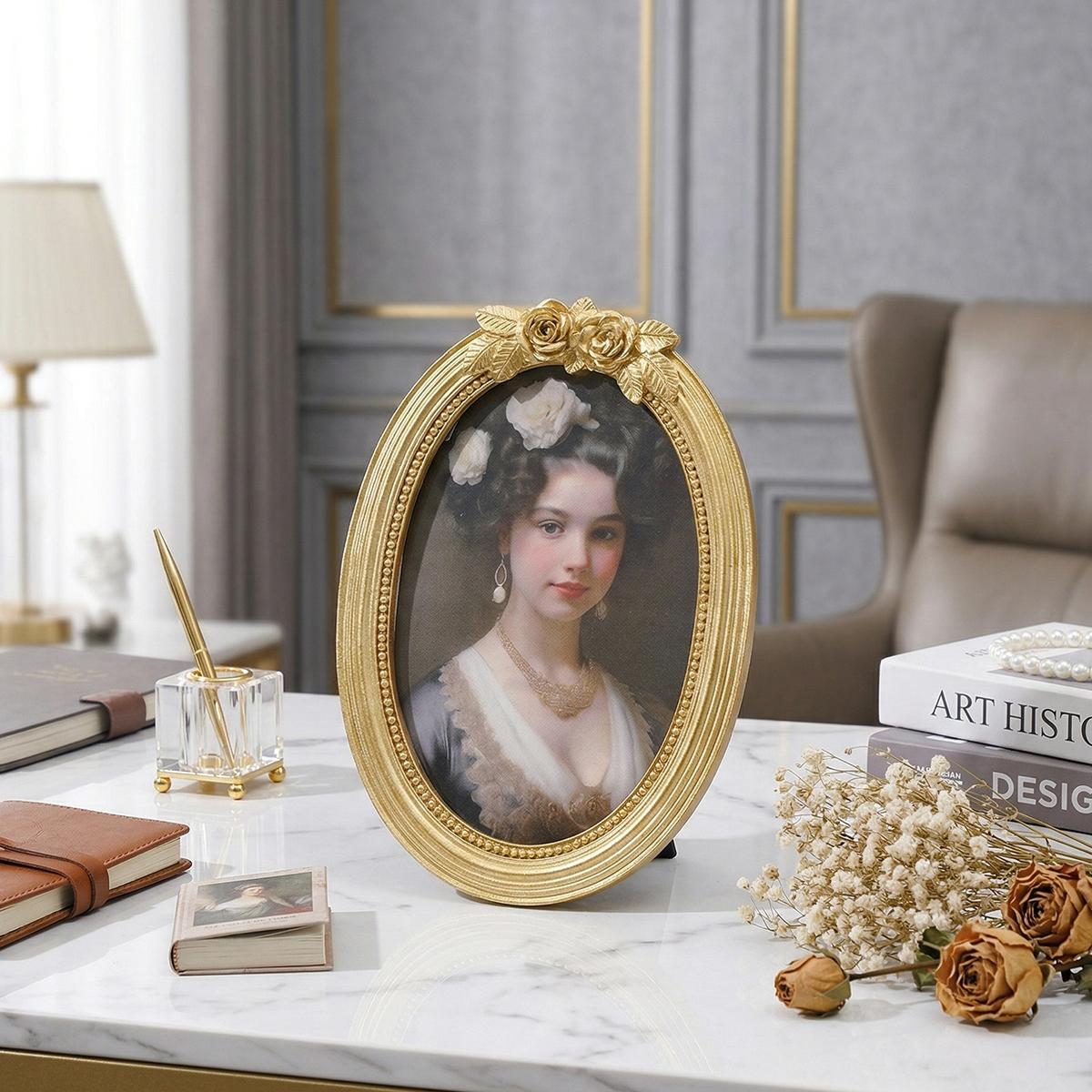 European Vintage Rose Carving Oval Photo Frame, Resin Material Hand-Painted, Home Decor for Bedroom, Living Room, Office
