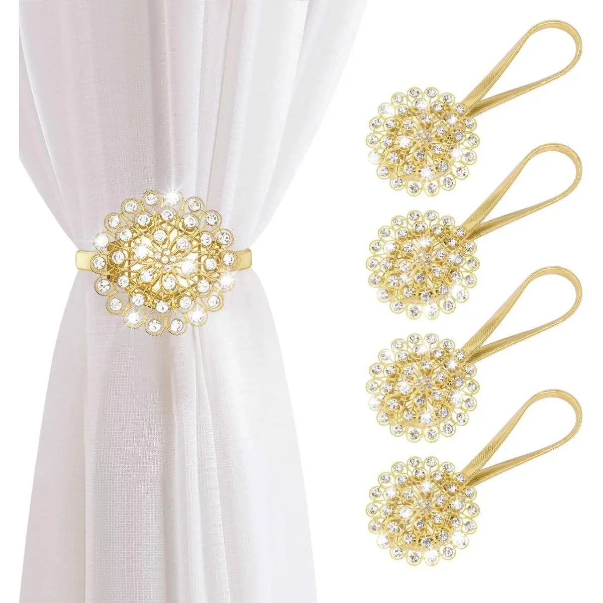 Magnetic Curtain Tiebacks, 4 Pack Magnetic Crystal Decorative Drapes Curtain Clips Buckle, Flower Curtain Tie Back, European and American Style (Gold)
