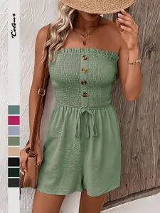 Women's Plain Ruched Shirred Tie Front Bandeau Sleeveless Fitted Romper with Frill Trim, Boho Strapless High-Waisted Romper for Summer, Fashion Casual Women's Romper for Daily Wear, Comfy Casual Romper Womenswear Lady