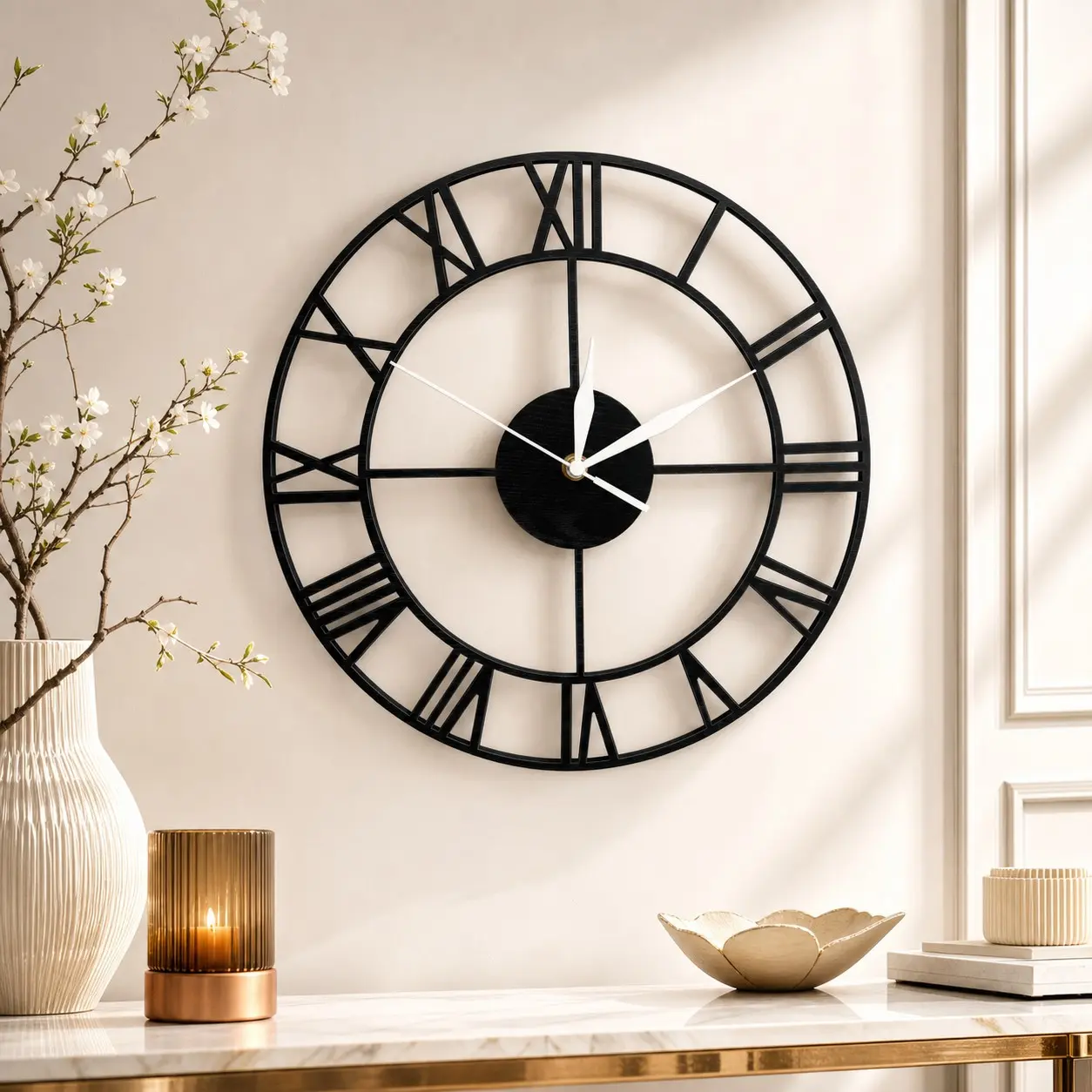 11.81-Inch Black Wooden Silent Wall Clock, Roman Numerals, Big Ban Style, Medieval Modern Classic, Bedroom, Living Room, Office, Gift
