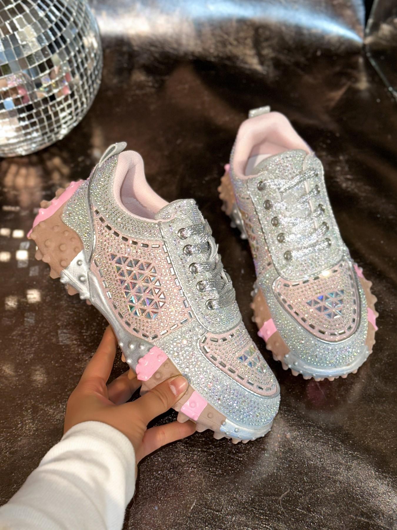 Silver Color Gradient Full Rhinestone Shoes, Diamond Cut Water Drills, 3D Flashing Pieces, Thick Sole, Sweet Cool Style, All Seasons