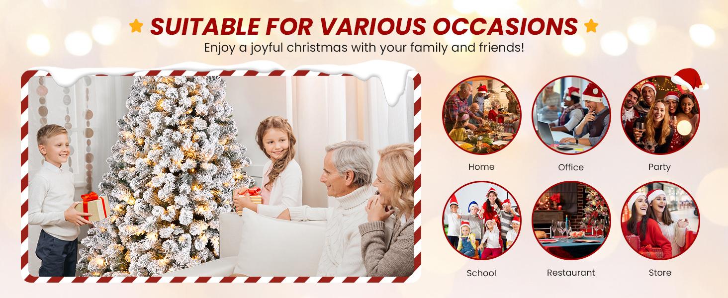 4/5/6/7.5/9FT Pre-Lit Snow Flocked Christmas Tree with Warm White Lights & Foldable Stand – Perfect for Holiday, Home & Party Decoration