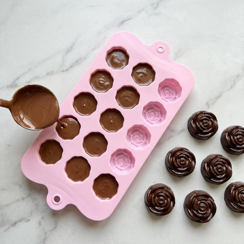 3pcs Rose Shape Chocolate Cake Silicone Molds, DIY Candy Pudding Dessert Baking Tray, 15 Cavity Ice Cube Trays, Kitchen Accessories
