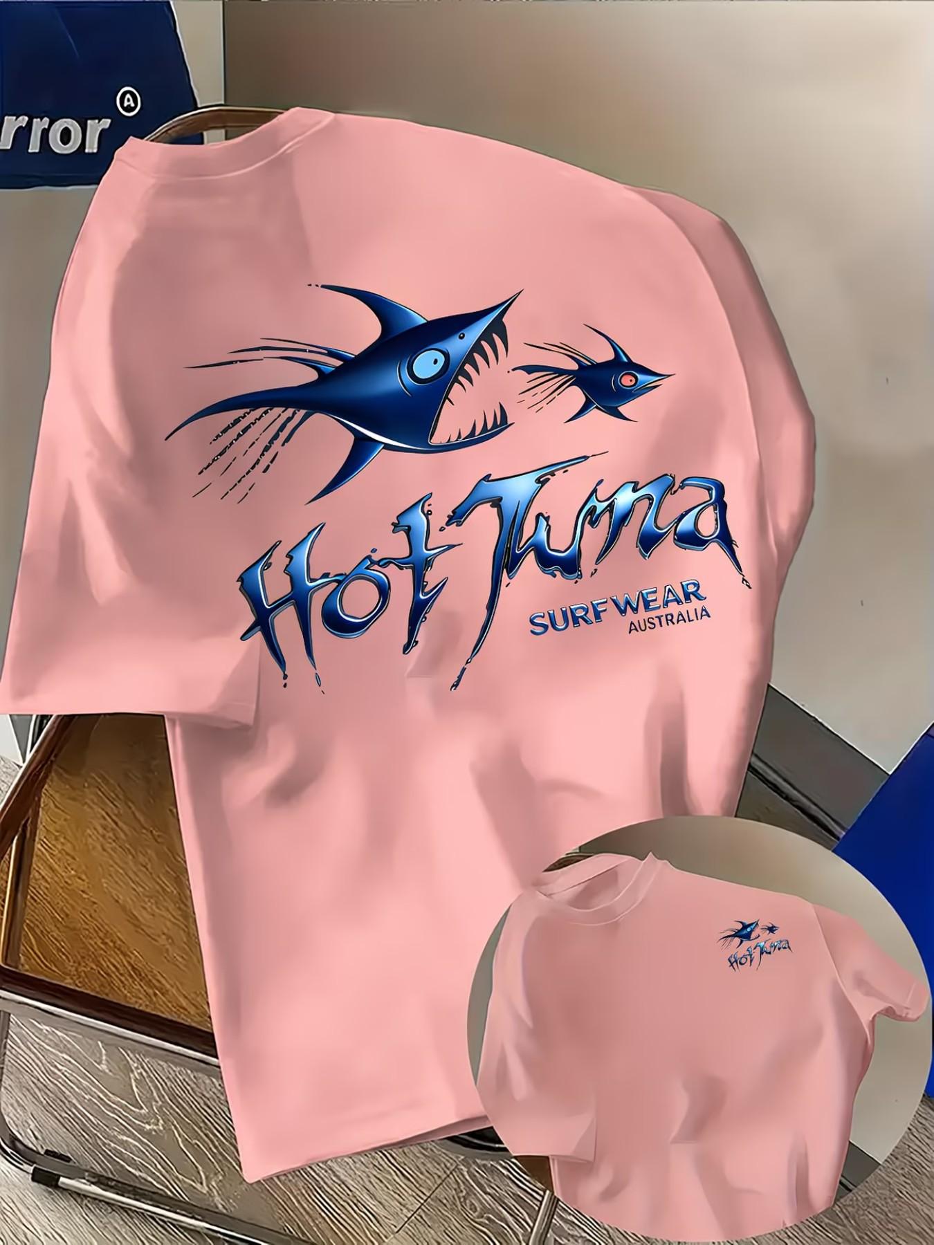 Men's Casual 'hot Tuna' Shark Print T-Shirt, Fashion Dual-Sided Print, Lightweight Elastic, Regular Fit, Summer Streetwear, Comfortable Wear