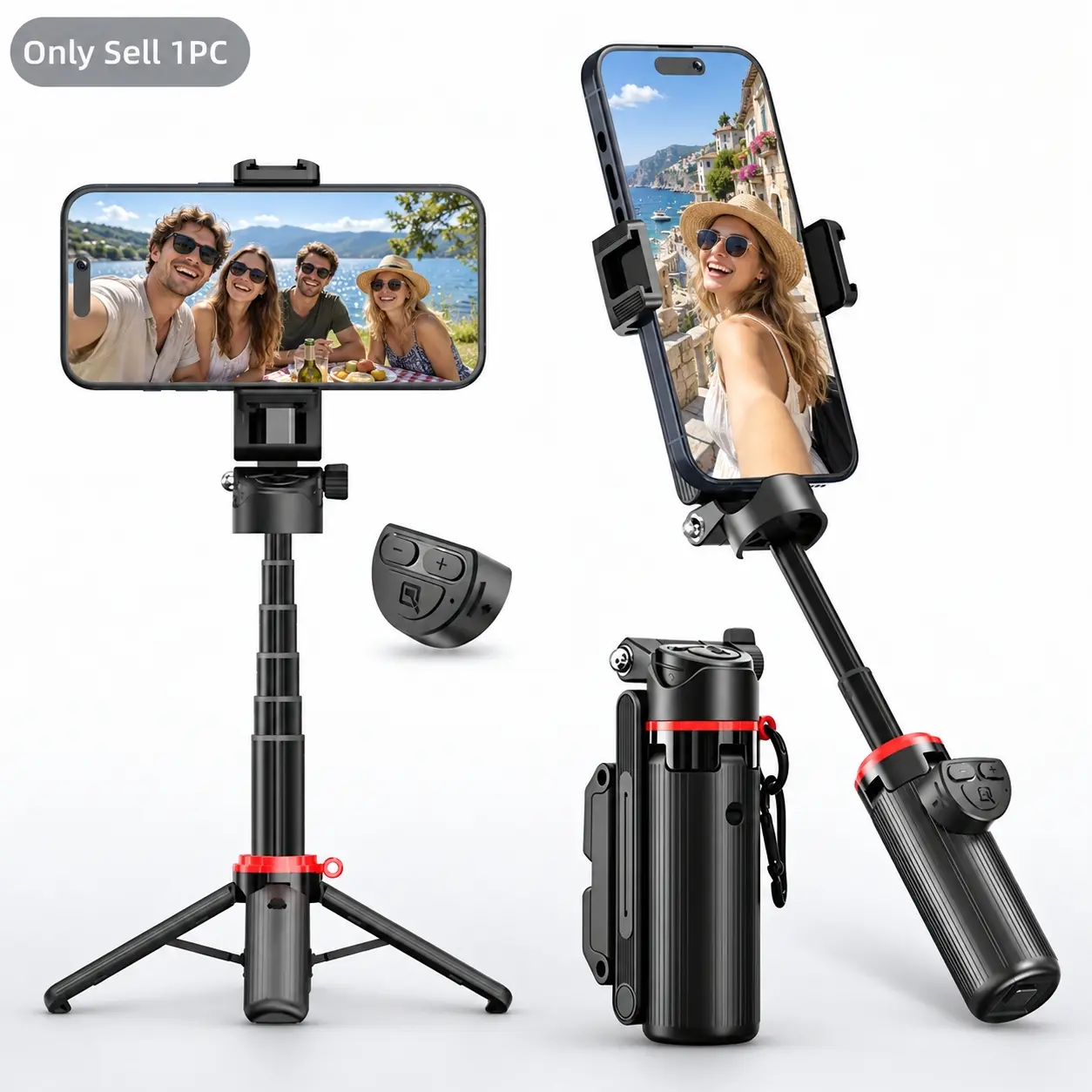 4-in-1 Selfie Stick Tripod with Bluetooth Remote, Foldable Telescopic Phone Stand with Remote Zoom, 360° Rotation and Carrying Hook for iPhone Android Travel Vlogging