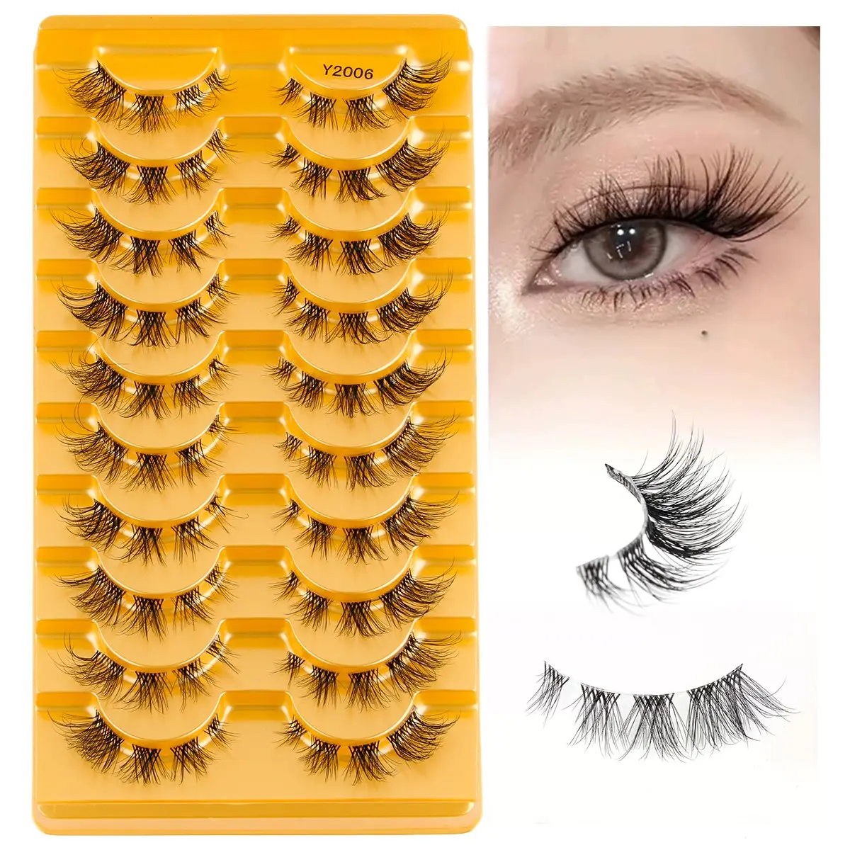 10 Pairs Ultra-Fine Invisible Transparent False Eyelashes, Natural Soft C Curl, Mixed Length, Fluffy Style, Eye Tail Extension