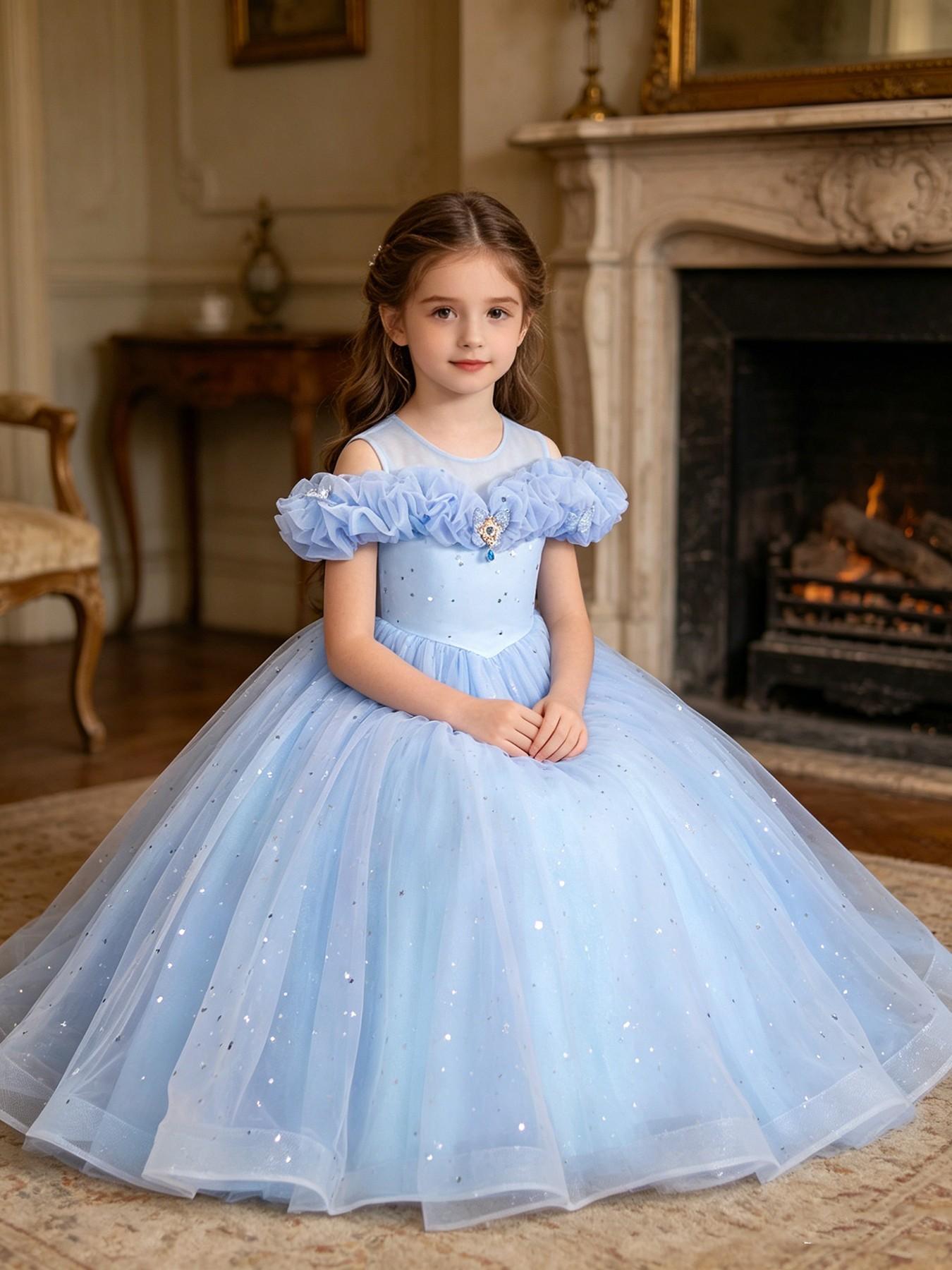 Girls' Summer Princess Dress, Floral Butterfly Sequin Elegant Dress, Birthday Party Hostess Flower Girl Evening Gown, Festival Performance Costume