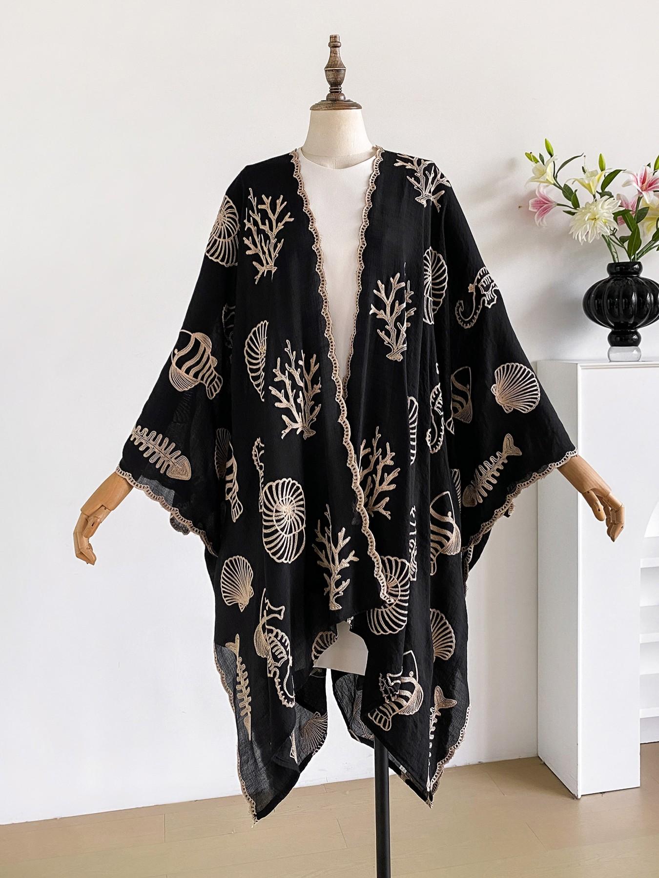 Boho Ocean Embroidered Split Scarf, Loose Fit Elegant All-Season Style, Perfect for Beach Vacations, Commuting and Dates