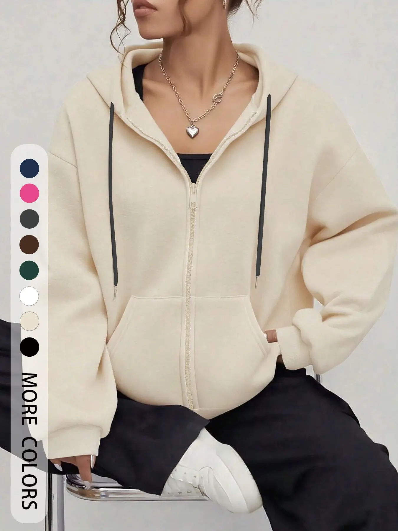 Women's Solid Color Drawstring Zipper Cardigan, Pocket Design, Casual Loose-Fitting Long Sleeve Sweatshirt for Fall & Winter