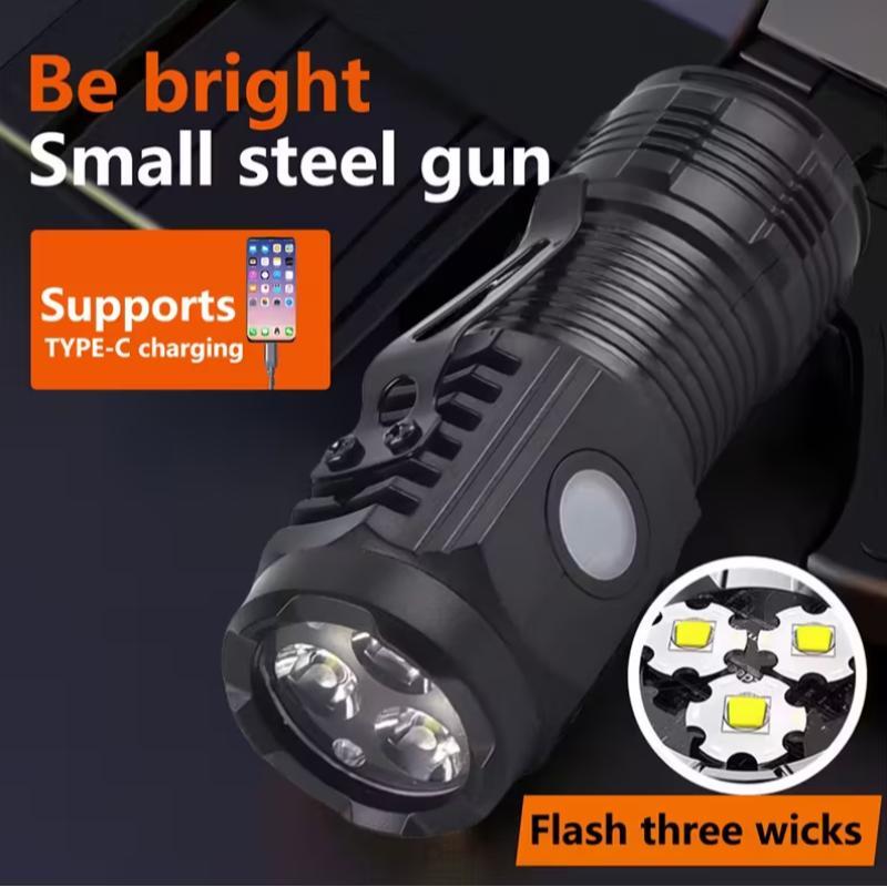 Portable Rechargeable LED Flashlight, Camping Fishing Outdoor Adventure, Mini Pocket Light with Clip, Ultra-Bright Three-Head Design, High Lumens Flashlight