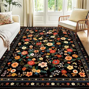 Bohemian retro floral print large area living room bedroom carpet, floor mat, Machine Washable Rugs, machine washable foldable easy to clean non-slip plush carpet home decor suitable for living room bedroom sofa coffee table restaurant reception office