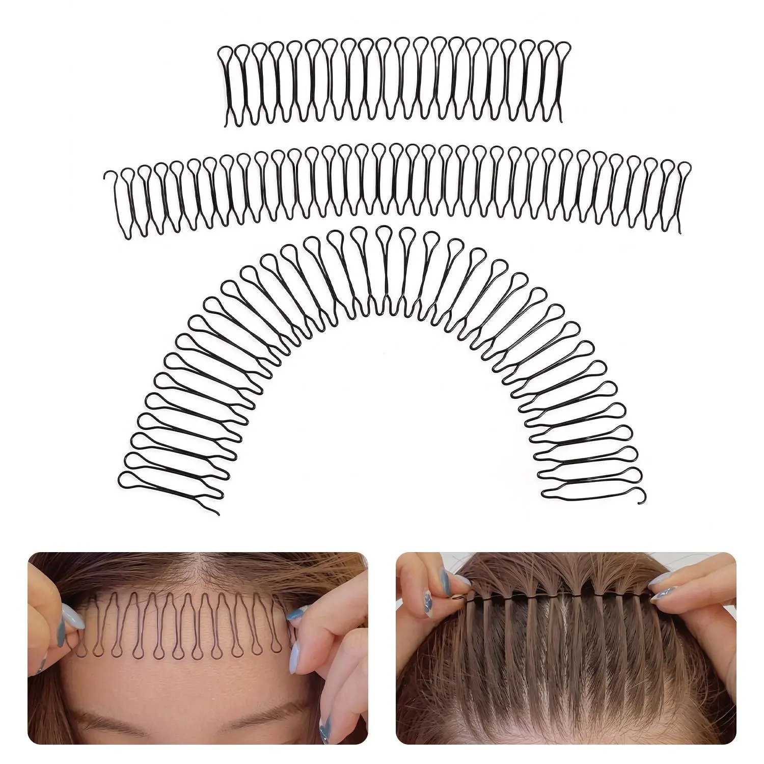 3 Pack U-Shaped Hair Finishing Combs for Women and Girls, Stretchable Wavy Hair Pins, Bangs Holder and Bun Styling Clips, Black Spring Hair Accessories for Daily Styling