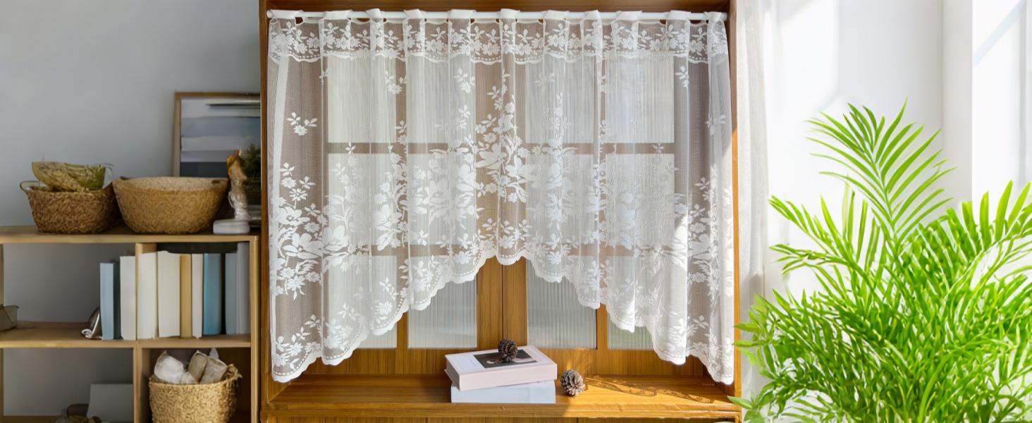 1pc Arched Sheer Curtain - White Lace Floral Print Embroidery Rod Pocket Top, for Doorways/Windows, 63in W x 39in L, One-Piece